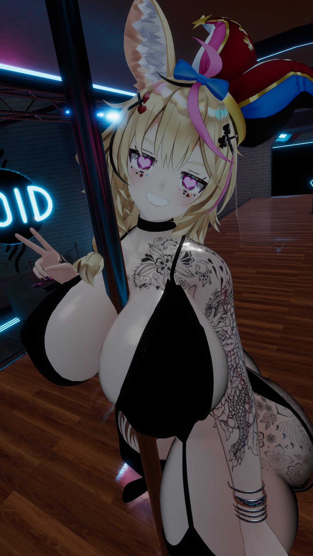 1girls 3d blonde_hair hololive hololive_japan huge_breasts lingerie looking_at_viewer omaru_polka peace_sign tagme virtual_youtuber voluptuous vrchat vtuber