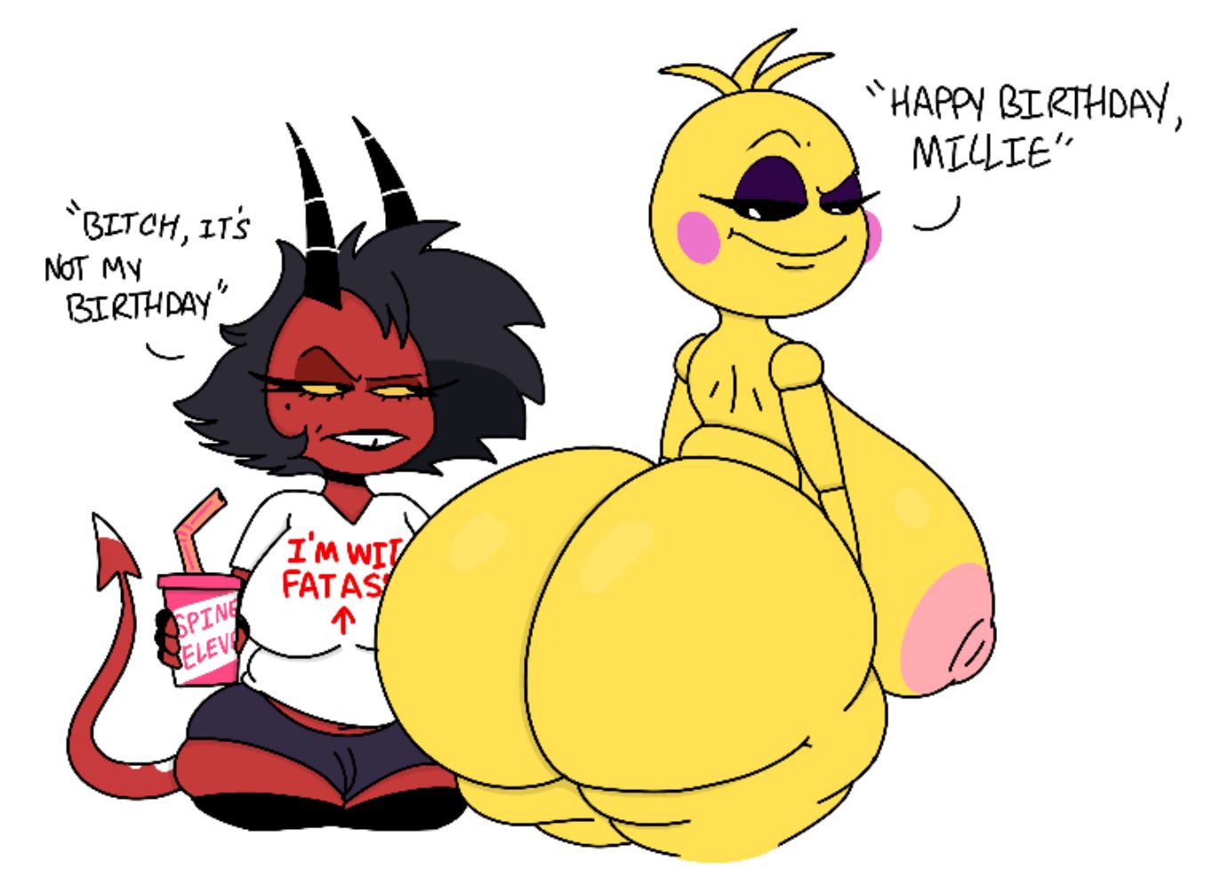 five_nights_at_freddy's five_nights_at_freddy's_2 futa_on_female helluva_boss large_ass large_breasts large_butt large_thighs larger_female millie_(helluva_boss) theslashfive toy_chica_(fnaf)