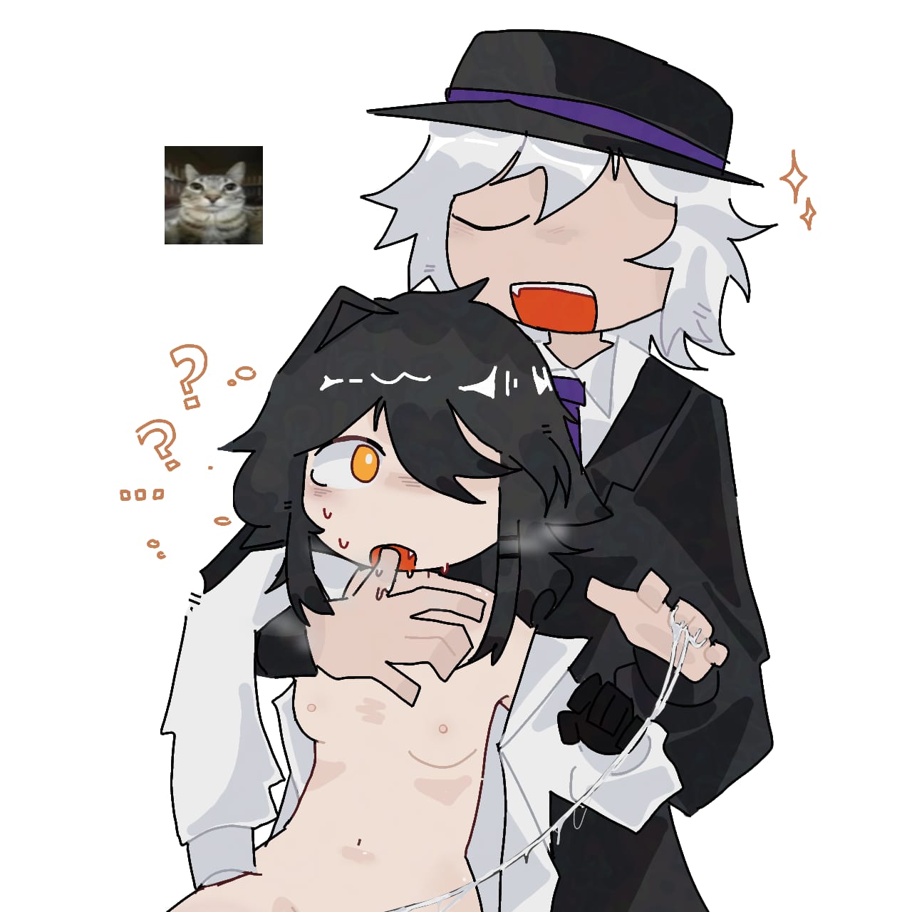 1boy 1girls bare_breasts black_hair mouth_hold open_mouth small_breasts suit suit_and_tie white_hair white_skin yellow_eyes