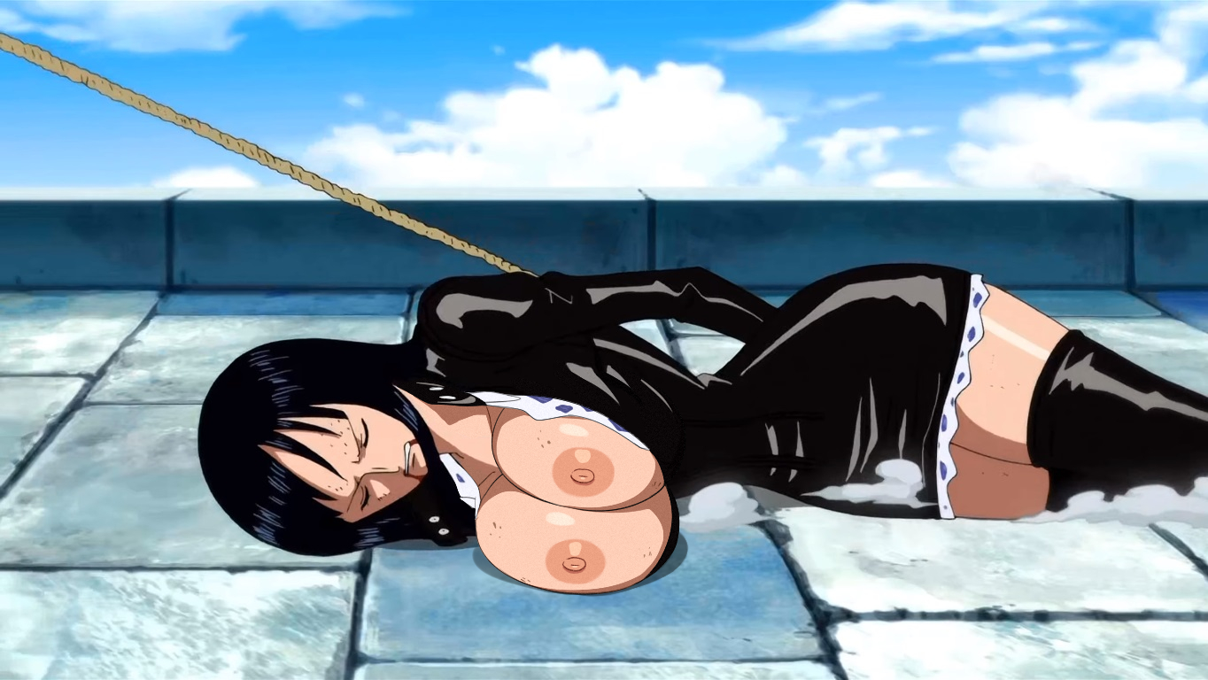 1girls, artist request, big breasts, black hair, black-haired female, breasts, breasts out, clothing, edit, female, female only, nico robin, nude filter, one piece, water 7