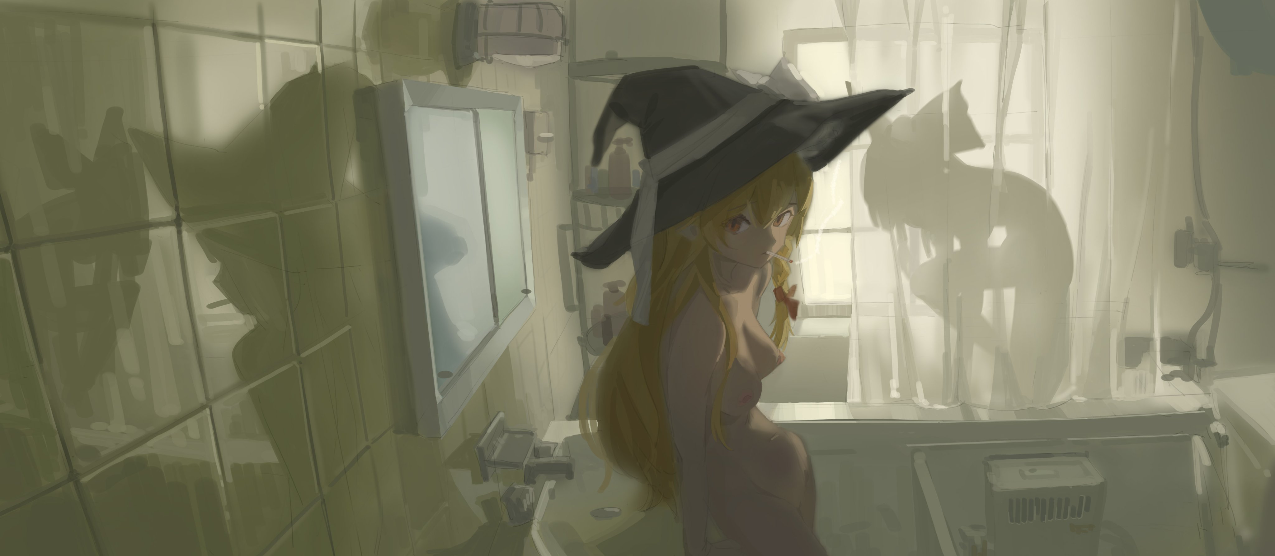 2girls, bathroom, belly button, breasts, female, hat, imminent sex, imminent yuri, kakiradio, looking at viewer, marisa kirisame, naked, nipples, nude, reimu hakurei, shower, smoking, touhou, witch hat