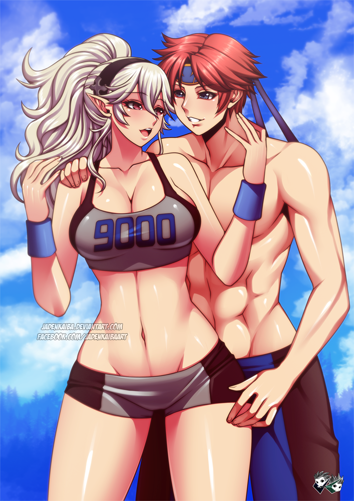 1boy 1girls big_breasts blue_eyes corrin_(fire_emblem) corrin_(fire_emblem)_(female) fire_emblem fire_emblem_fates intelligent_systems jadenkaiba magenta_eyes nintendo red_hair roy_(fire_emblem) shirtless_male short_shorts shorts silver_hair sports_bra super_smash_bros._melee