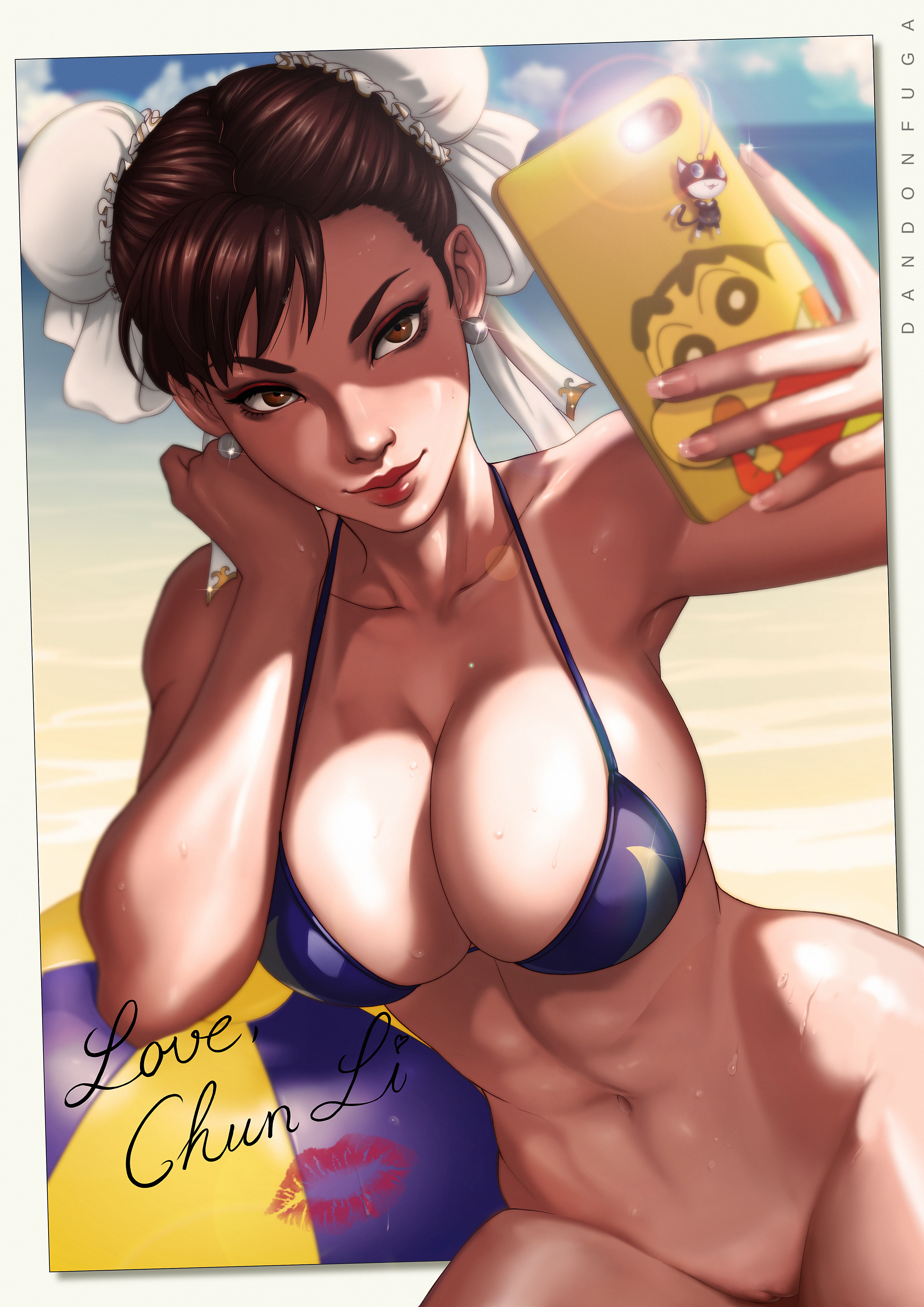 abs, absurdres, beach, beach ball, bikini, bikini top, blue bikini, bottomless, breasts, brown eyes, brown hair, bun cover, capcom, character name, chun-li, cleavage, clouds, curvy, dandon fuga, double bun, earrings, female, female only, hair bun, hairless pussy, highres, huge breasts, kiss mark, large breasts, outdoors, pussy, selfie, smartphone, smile, solo, strap gap, street fighter, sweat, tanline, text, toned