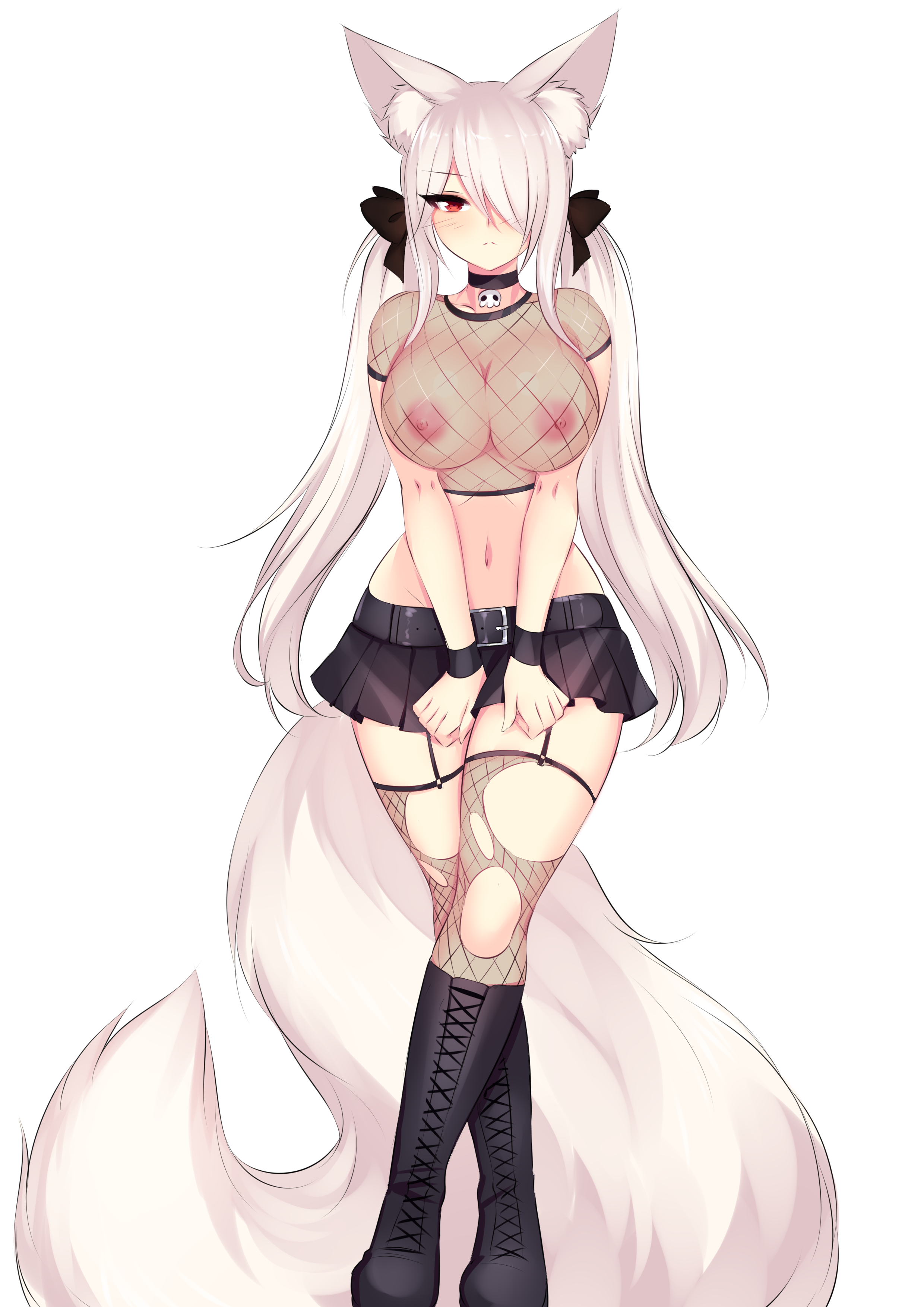 1girls, animal ears, breasts, choker, female, female only, foxykuro, goth, hair over one eye, kuro (foxykuro), looking at viewer, miniskirt, navel, nipples, pillow shading, red eyes, revealing clothes, skimpy clothes, skirt, torn legwear, transparent clothing, tugging clothing, white hair
