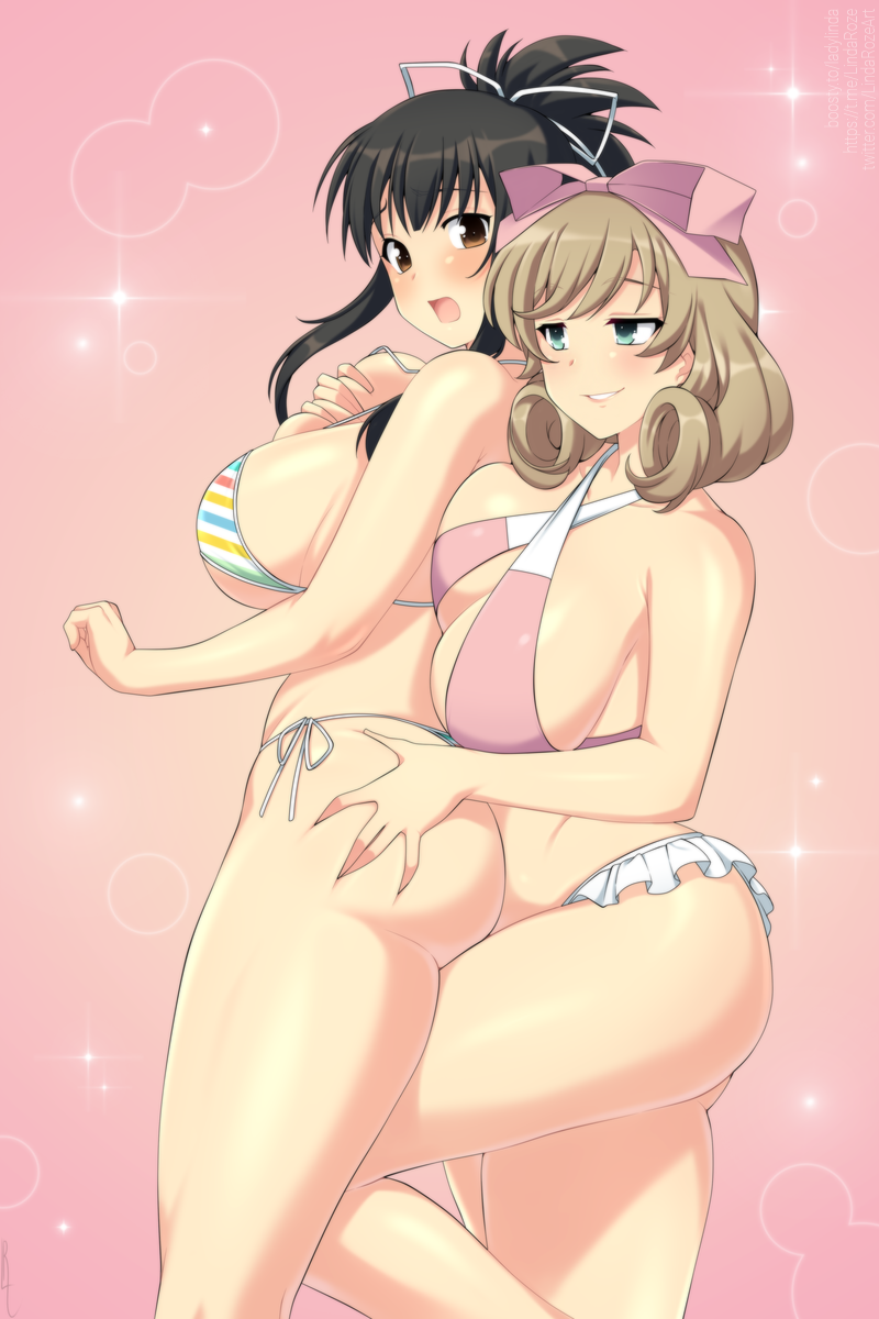 2girls ass ass_grab asuka_(senran_kagura) grabbing_ass haruka_(senran_kagura) huge_breasts large_breasts lindaroze marvelous pink_background senran_kagura sparkles worried yuri