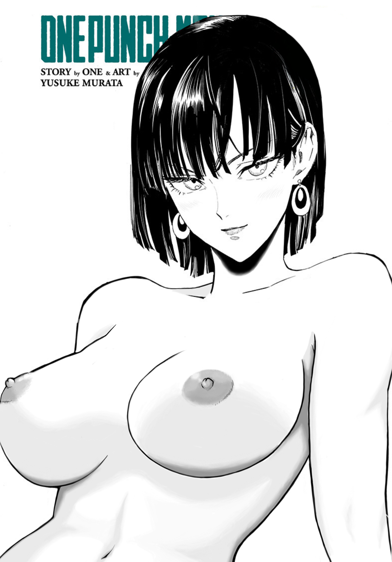 areolae, big breasts, black and white, black hair, boobs, breasts, earrings, edited official artwork, eyelashes, female, female focus, fit, fit female, fubuki (one-punch man), jewelry, lips, looking at viewer, manga, milf, murata yuusuke, nipples, nude filter, one-punch man, seductive, seductive look, sexy body, short hair, shoulders, smile, solo, tits
