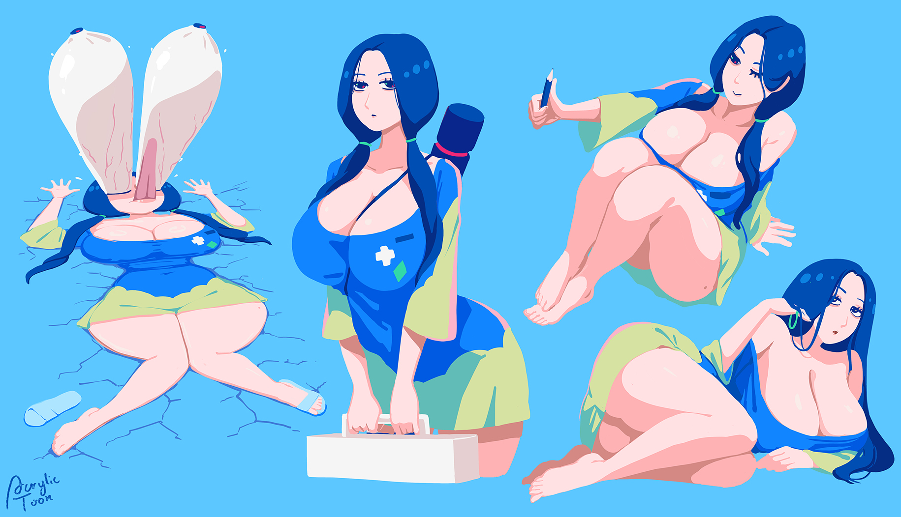 acrylictoon, awooga, blue hair, breasts, drapery girls, feet, female, huge breasts, pencil