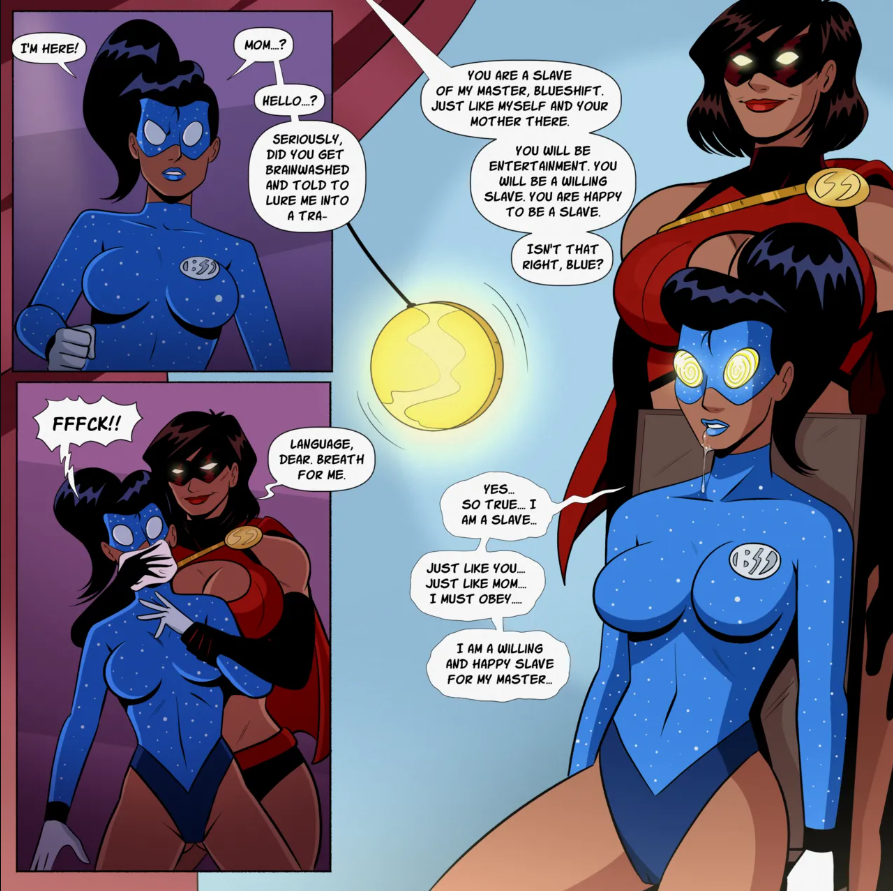 2girls blue_lipstick blueshift_(polmanning) dark-skinned_female domino_mask hypnosis light-skinned_female lipstick mask masked_female milf mind_control mother_and_daughter multiple_girls oc polmanning pov red_lipstick scarlet_smasher stacked superheroine tagme text