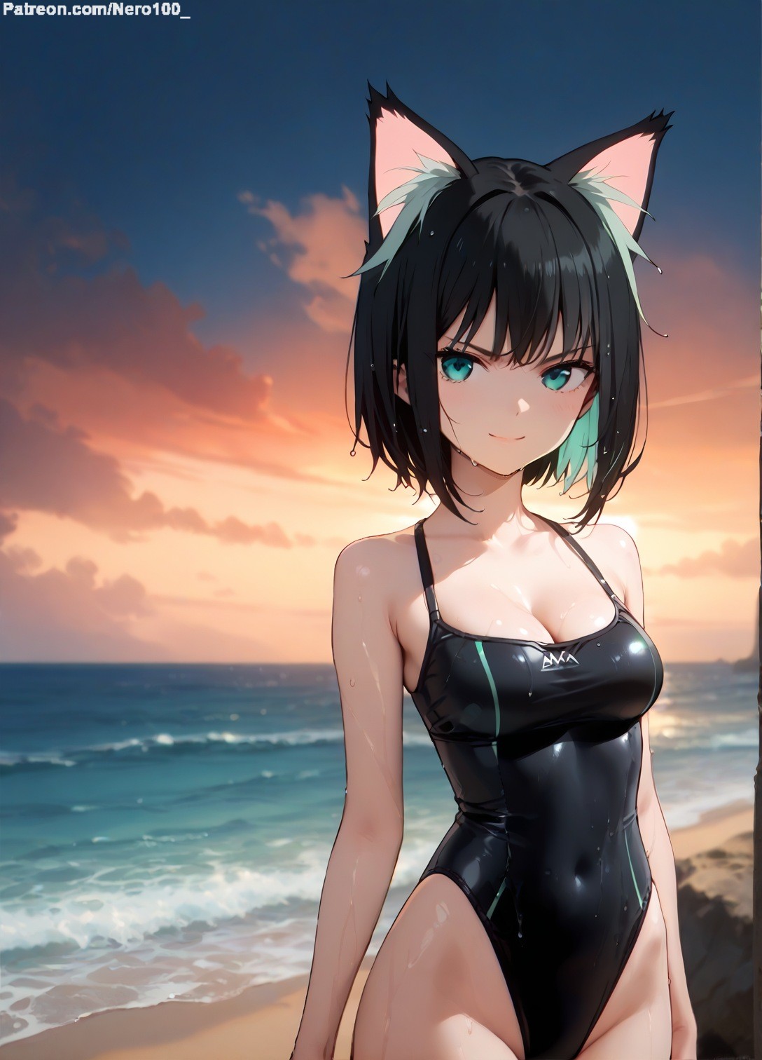 1girls 2d ai_generated ass ass athletic athletic_female bare_shoulders beach belly black_hair cat_ears cat_girl cat_tail chest cleavage curvy curvy_figure cute cute_face detailed eyelashes eyeshadow female female_only fit fit_female focus green_eyes high_quality hips isekai_shikkaku legs light-skinned_female light_skin lips lipstick looking_at_viewer makeup mascara medium_breats medium_hair midriff navel nero100 one-piece_swimsuit outdoors pale-skinned_female pale_skin perky_breasts petite_ petite_body posing seductive seductive_look short_hair skinny skinny_girl slim stable_diffusion swimsuit swimwear tagme tama_(isekai_shikkaku) teenager thighs thin_waist