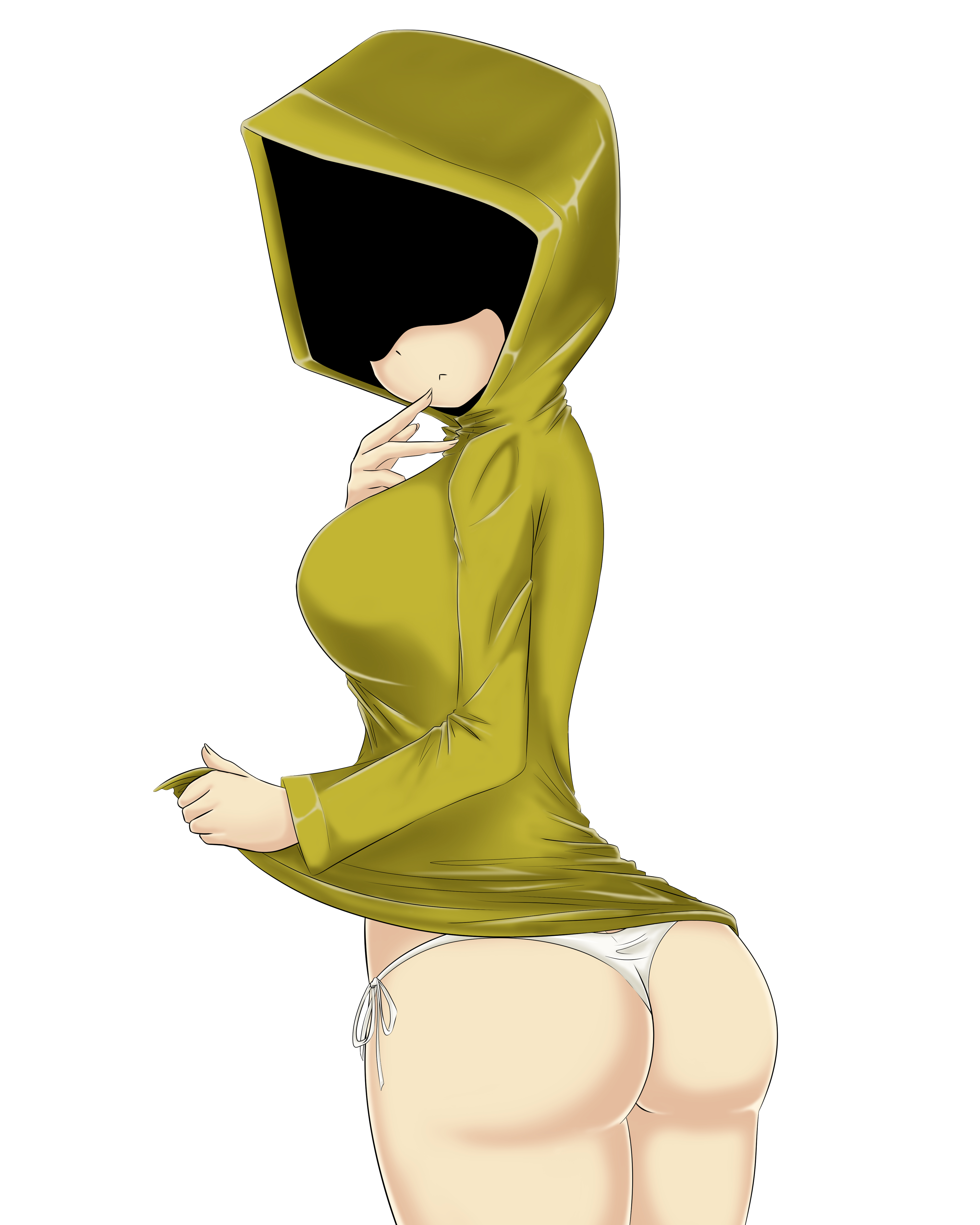1girls, aged up, alternate version available, breasts, clothing, female, female only, female protagonist, little nightmares, looking back, no pants, outerwear, panties, raincoat, six (little nightmares), white background, white panties