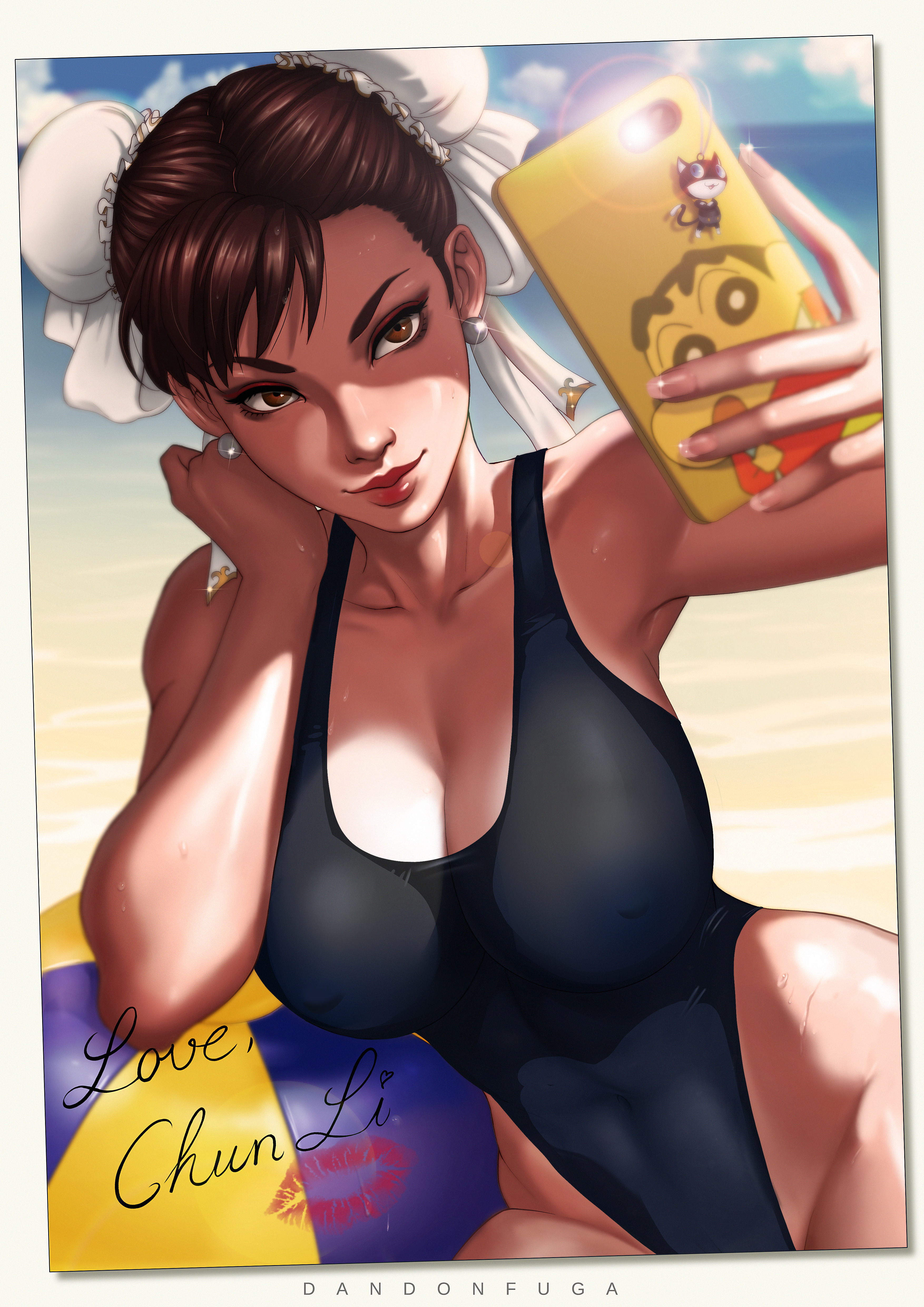 absurdres, beach, beach ball, breasts, brown eyes, brown hair, bun cover, capcom, character name, chun-li, cleavage, clouds, curvy, dandon fuga, double bun, earrings, female, female only, hair bun, highleg, highleg swimsuit, highres, huge breasts, kiss mark, large breasts, one-piece swimsuit, outdoors, selfie, smartphone, smile, solo, street fighter, sweat, swimsuit, text, toned