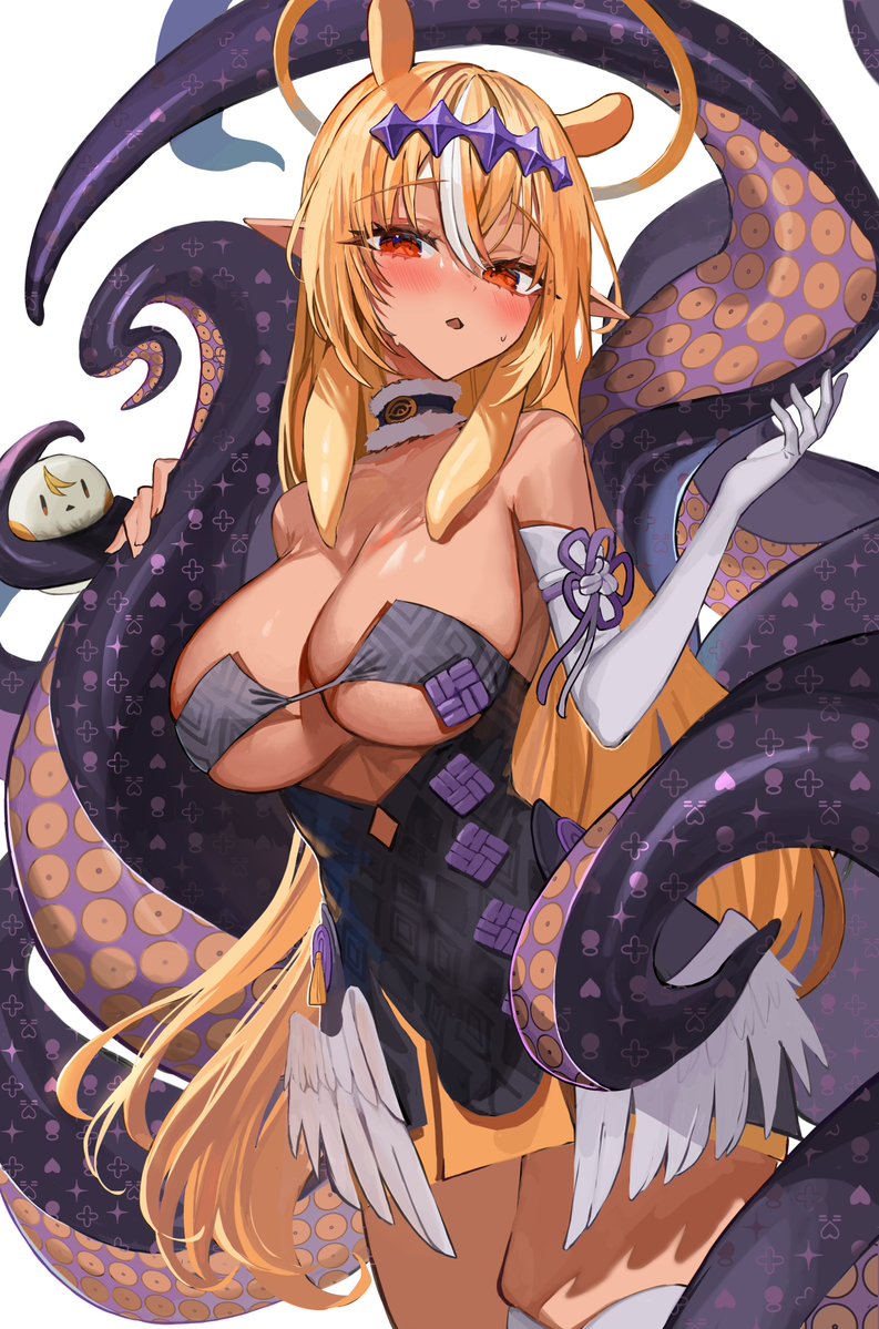 1girls blush breasts dark-skinned_female dark_skin elfriend_(shiranui_flare) fur_trim gloves hololive large_breasts looking_at_viewer ninomae_ina'nis ninomae_ina'nis_(1st_costume) ninomae_ina'nis_(cosplay) shiranui_flare tagme tentacle