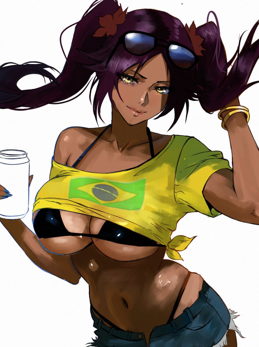 1girls belly_button big_breasts bikini bikini_top bleach brazil brazilian brazilian_flag breasts cleavage crop_top curvy dark-skinned_female dark_skin female female_only glasses insomniaboin looking_at_viewer qaismelon shihouin_yoruichi shirt shirt_lift short_shorts shorts solo sunglasses sunglasses_on_head thong twintails unbuttoned unbuttoning