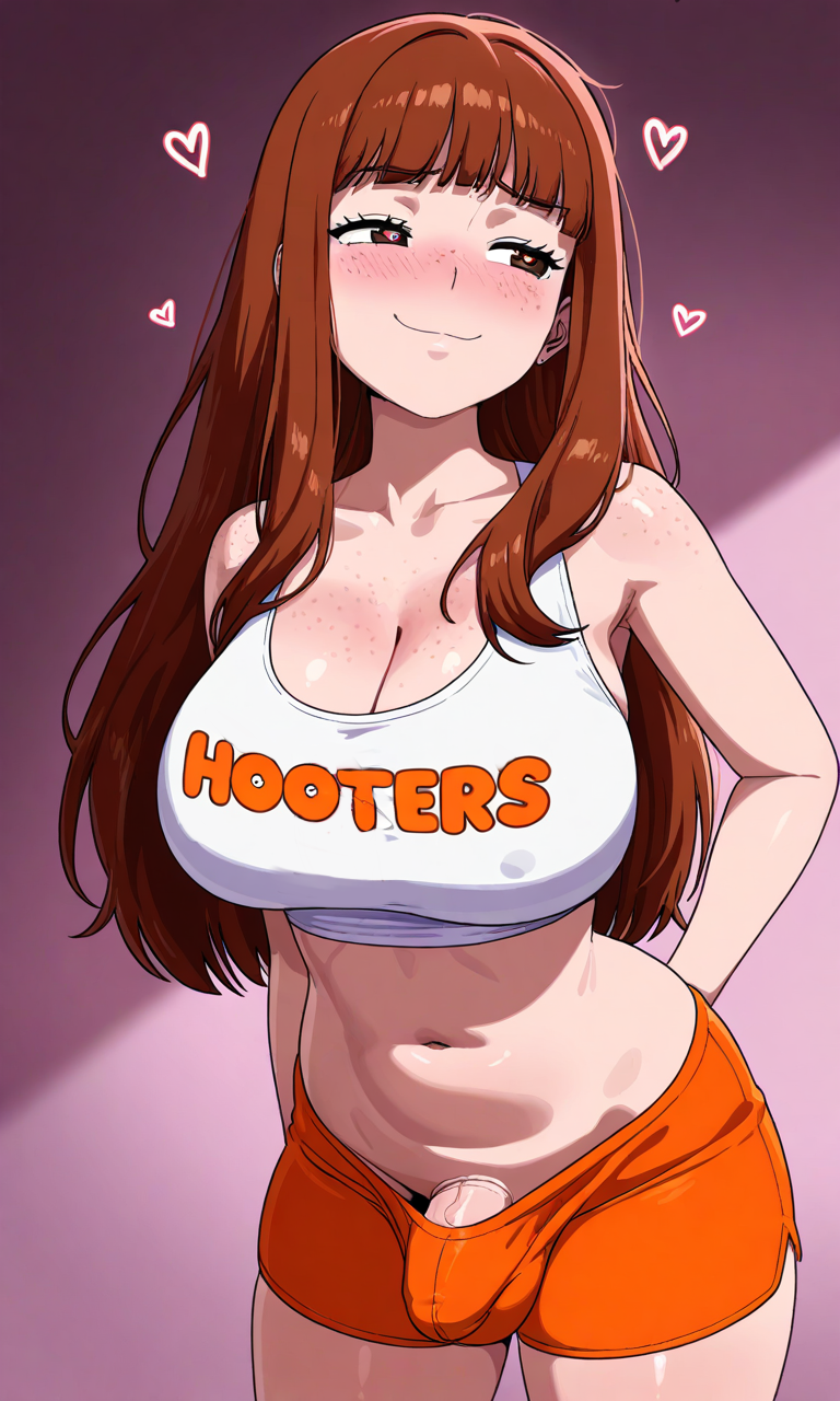 ai_generated big_breasts brown_eyes brown_hair bulge bulge_through_clothing erection_under_clothes futa_only futanari hiding_erection hooters hooters_uniform long_hair shorts small_penis small_penis_futa smug yui_chan