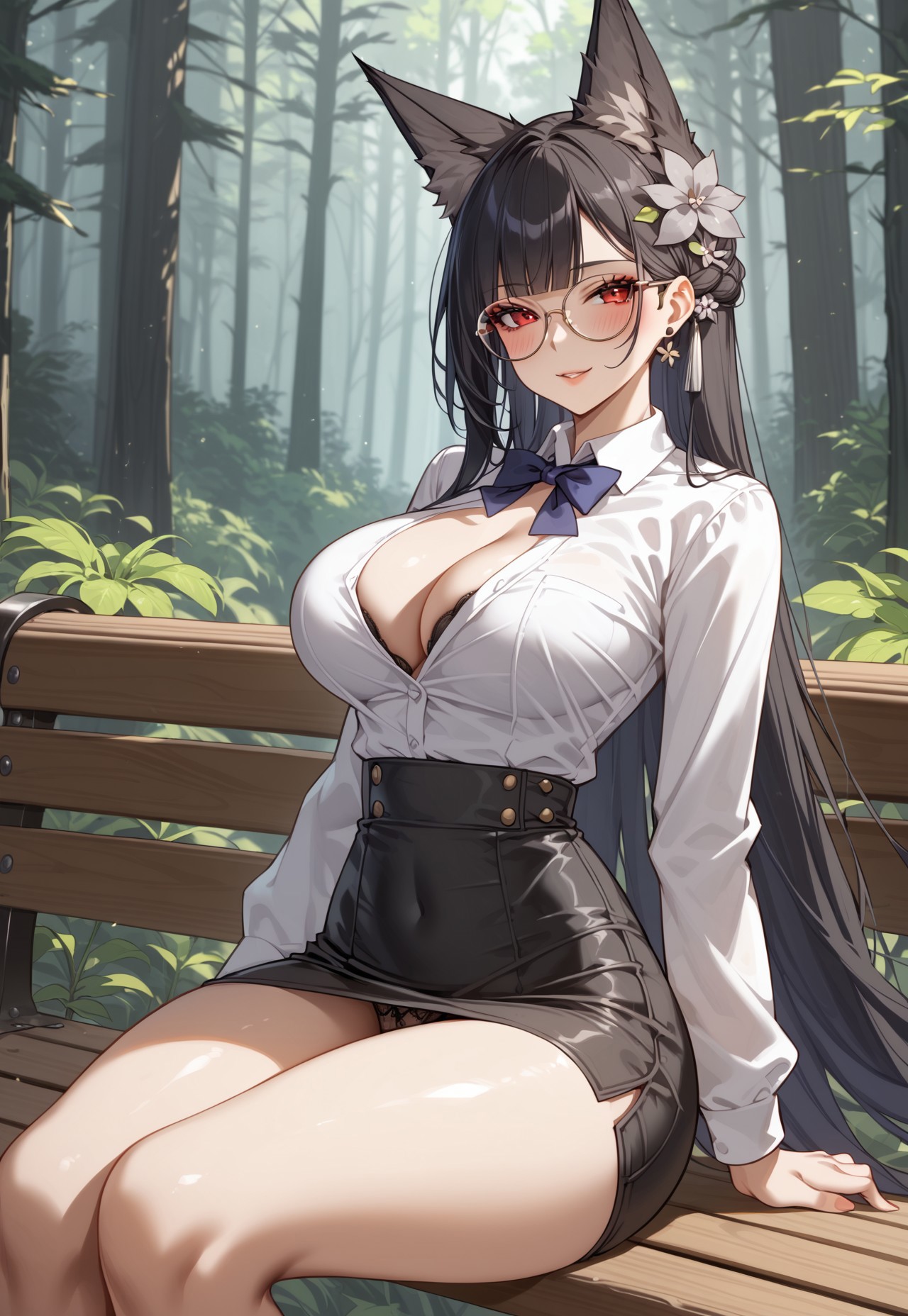 ai generated, bench, black hair, black panties, black skirt, breasts, female, forest, hoshimi miyabi, legs crossed, red eyes, secretary, sexy, shibaai, thighs, white shirt, zenless zone zero