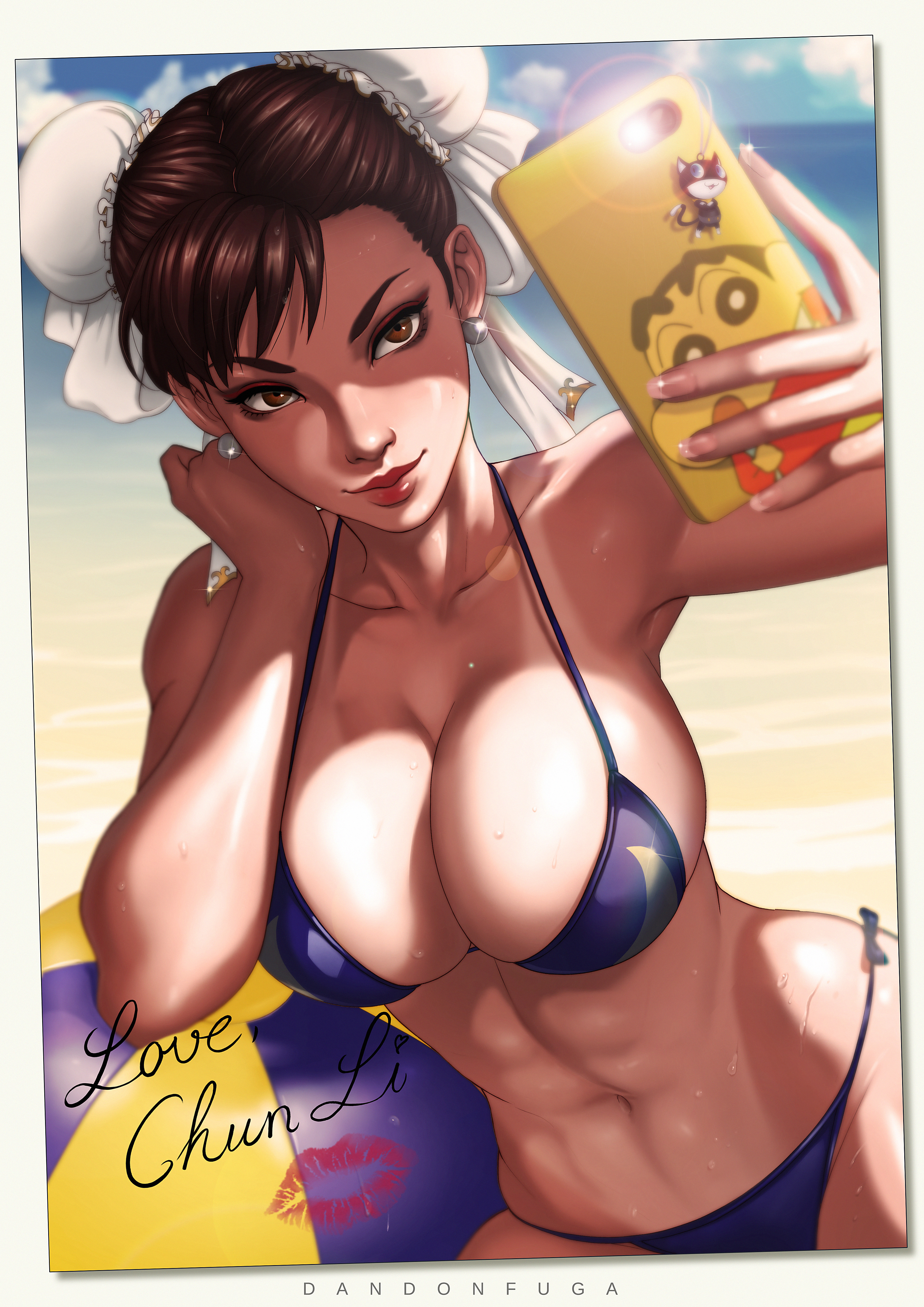 abs, absurdres, beach, beach ball, bikini, blue bikini, breasts, brown eyes, brown hair, bun cover, capcom, character name, chun-li, cleavage, clothed, clouds, curvy, dandon fuga, double bun, earrings, female, female only, hair bun, highres, huge breasts, kiss mark, large breasts, lipstick, outdoors, pinup, selfie, side-tie bikini, skimpy, smartphone, smile, solo, strap gap, street fighter, sweat, tanline, text, toned