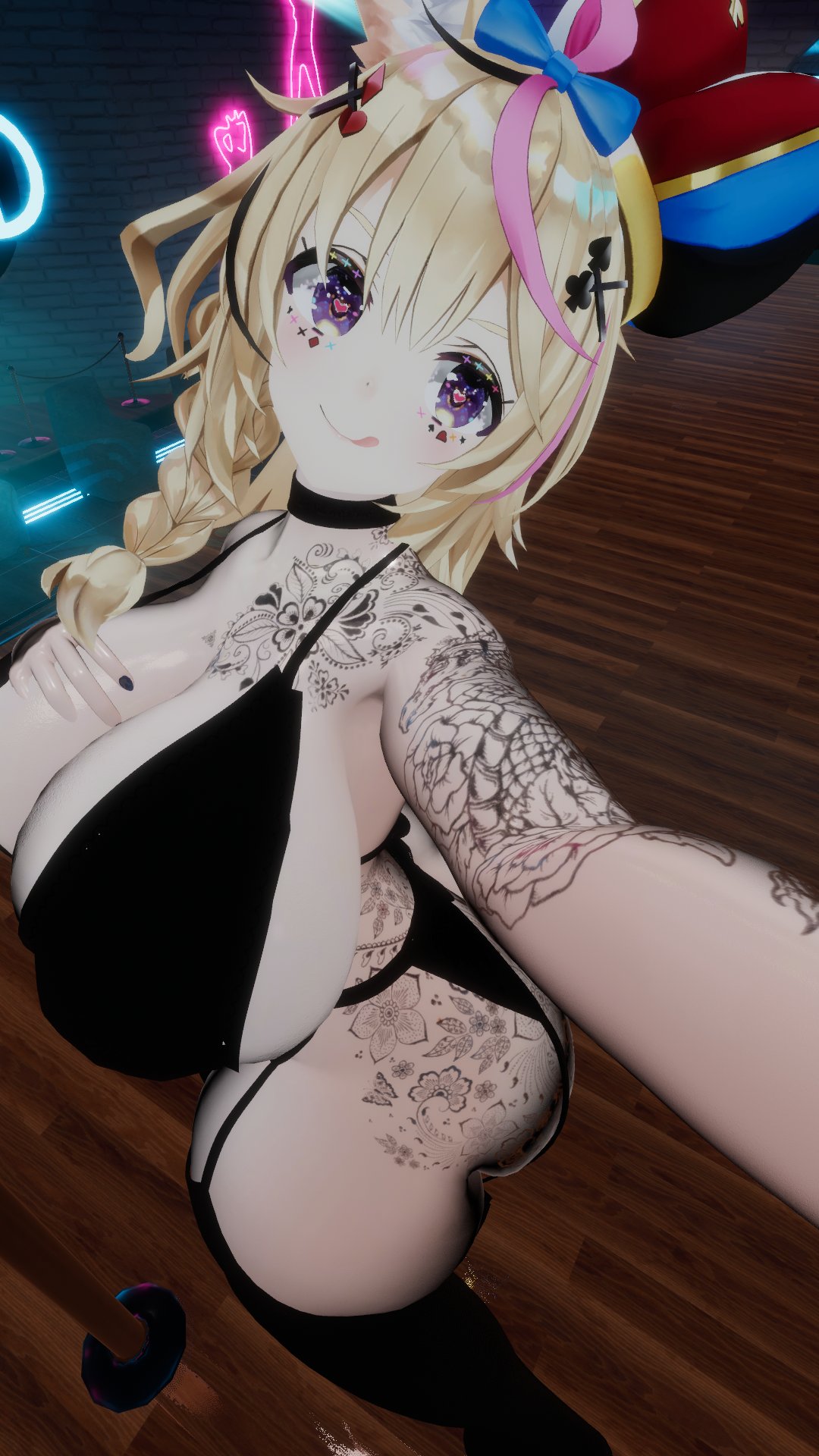 1girls 3d blonde_hair hololive hololive_japan huge_breasts lingerie looking_at_viewer omaru_polka peace_sign tagme virtual_youtuber voluptuous vrchat vtuber