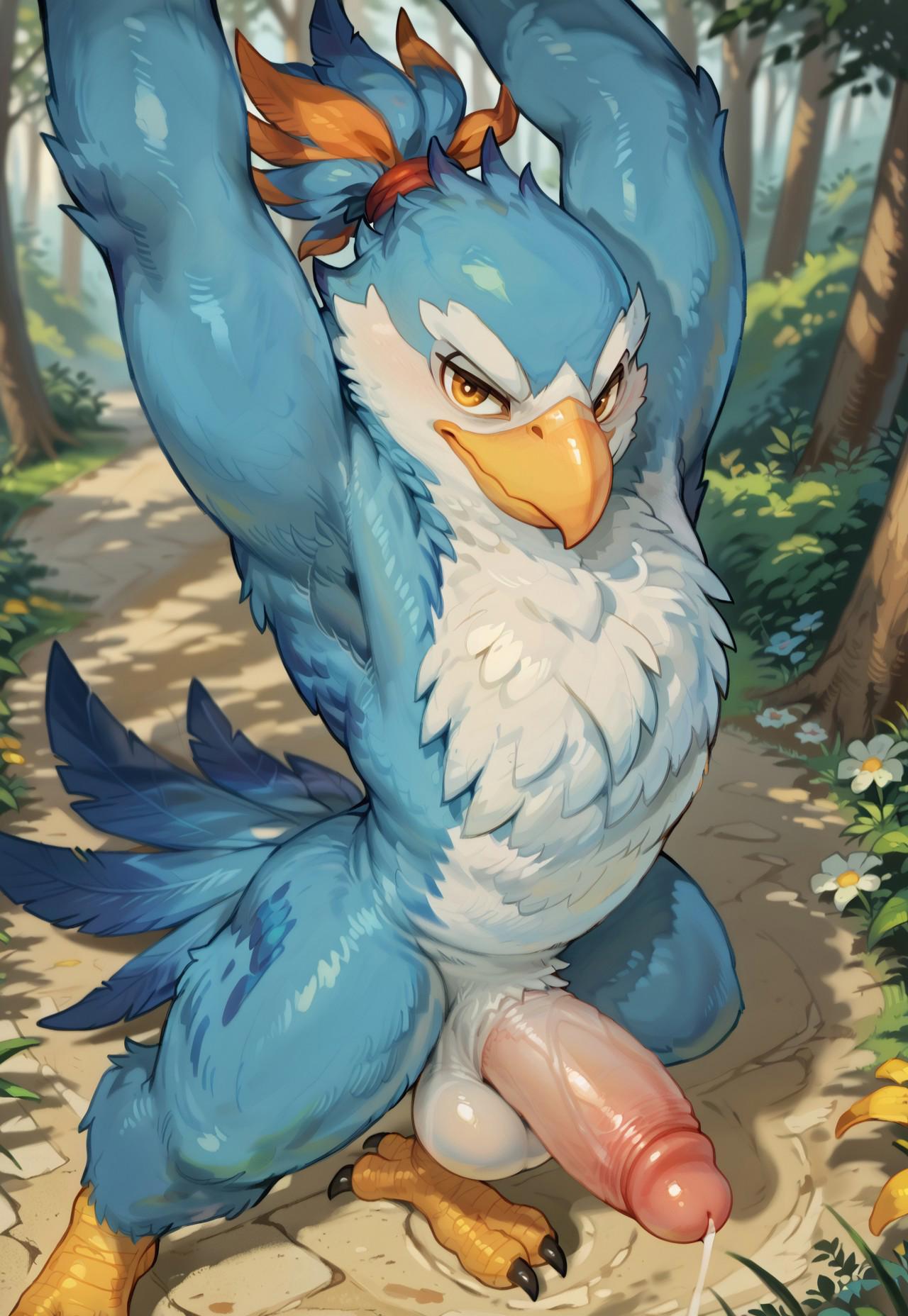 1boy ai_generated anthro ass avian balls ballsack beak bird blue_body blue_feathers claws dota dota_2 kez_(dota) looking_at_viewer male outside penis presenting presenting_hindquarters solo solo_male tail tail_feathers valve white_feathers yellow_eyes