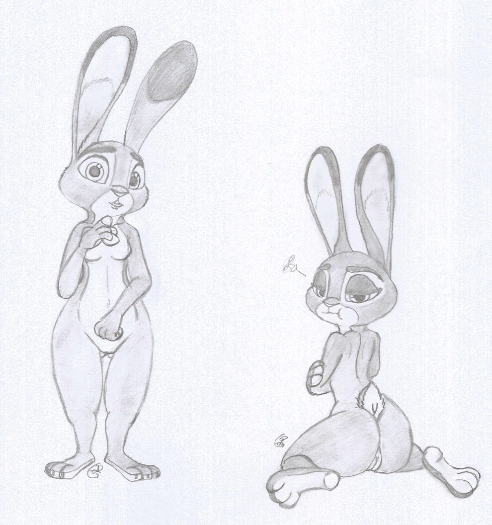 anthro black_and_white disney drawning female flat_chest judy_hopps lagomorph looking_at_viewer mammal monochrome nude open_mouth pussy rabbit simple_background white_background zootopia