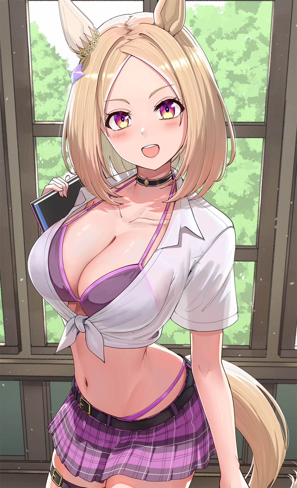 :d blonde_hair books choker cleavage g-string_bikini gyaru horse_ears horse_girl horse_tail large_breasts narita_top_road_(umamusume) navel purple_bikini purple_skirt take978733141_(artist) thigh_strap tied_shirt transparent_clothing umamusume white_shirt