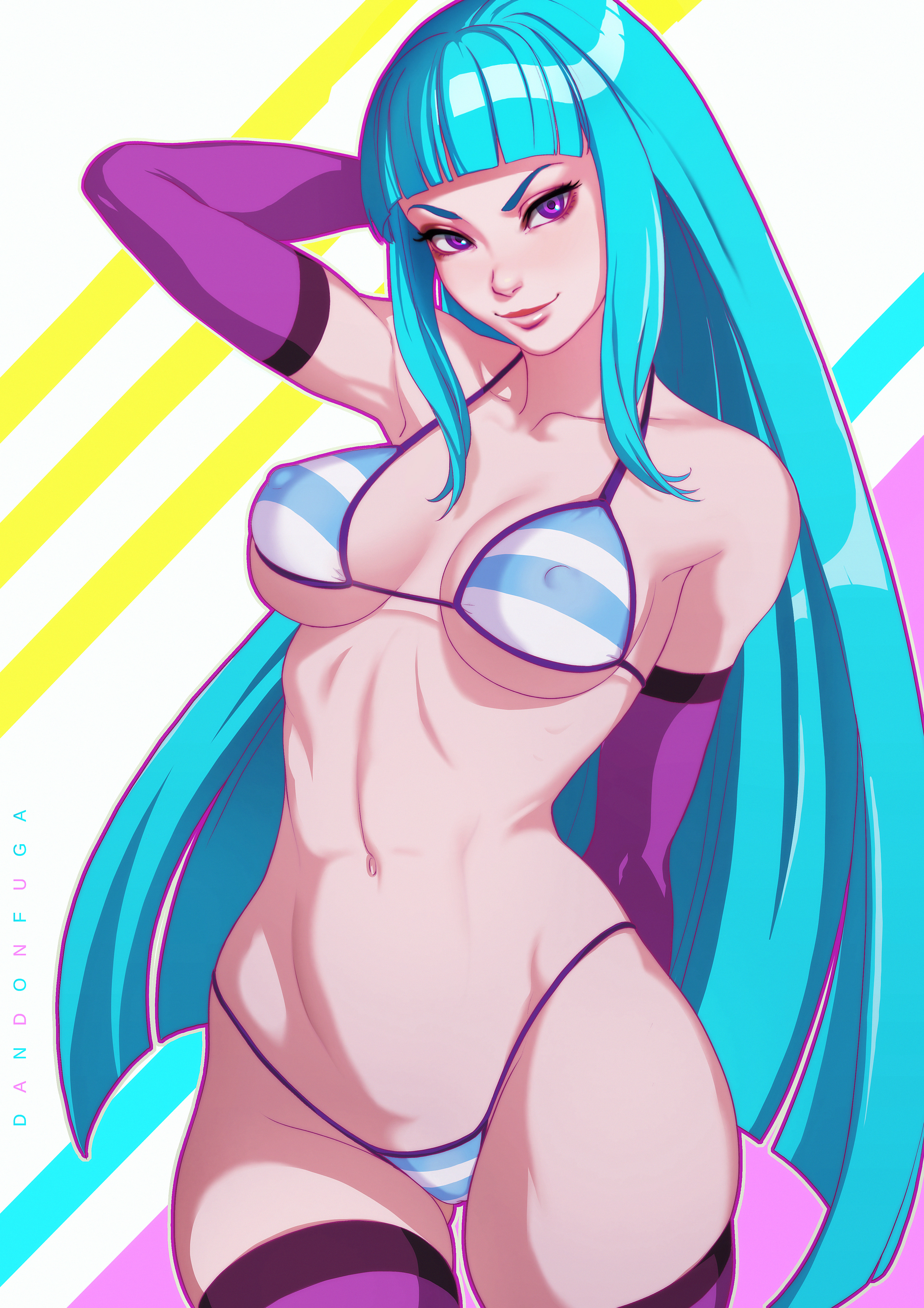 absurdres, artist name, bangs, bikini, blue hair, blush, breasts, clothed, cowboy shot, curvy, dandon fuga, detached sleeves, eyelashes, female, female only, hand behind head, highres, human, large breasts, long hair, me!me!me!, meme (me!me!me!), navel, nipple bulge, perky breasts, purple eyes, sidelocks, skindentation, smile, solo, striped bikini, thighhighs, toned, very long hair