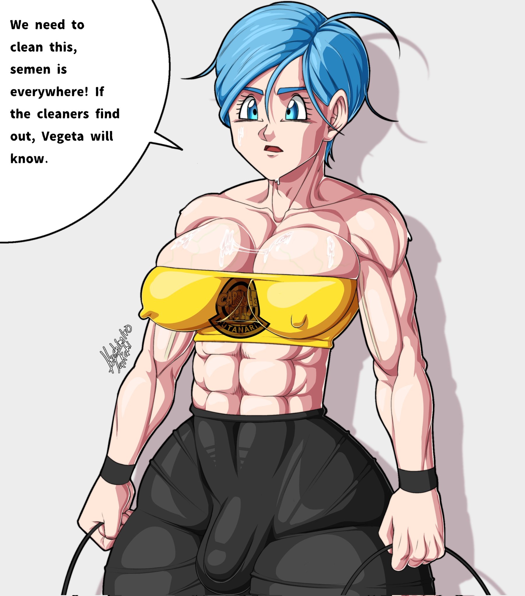 abs, big breasts, blue hair, breast squish, breasts, bulge, bulge through clothing, bulma briefs, dragon ball, dragon ball z, english text, erect nipples under clothes, futa milf, futa only, futanari, hashimiro takahi, intersex, mature futa, muscular, muscular futa, short hair, simple background, solo, sweat, text, tight clothing, wide hips