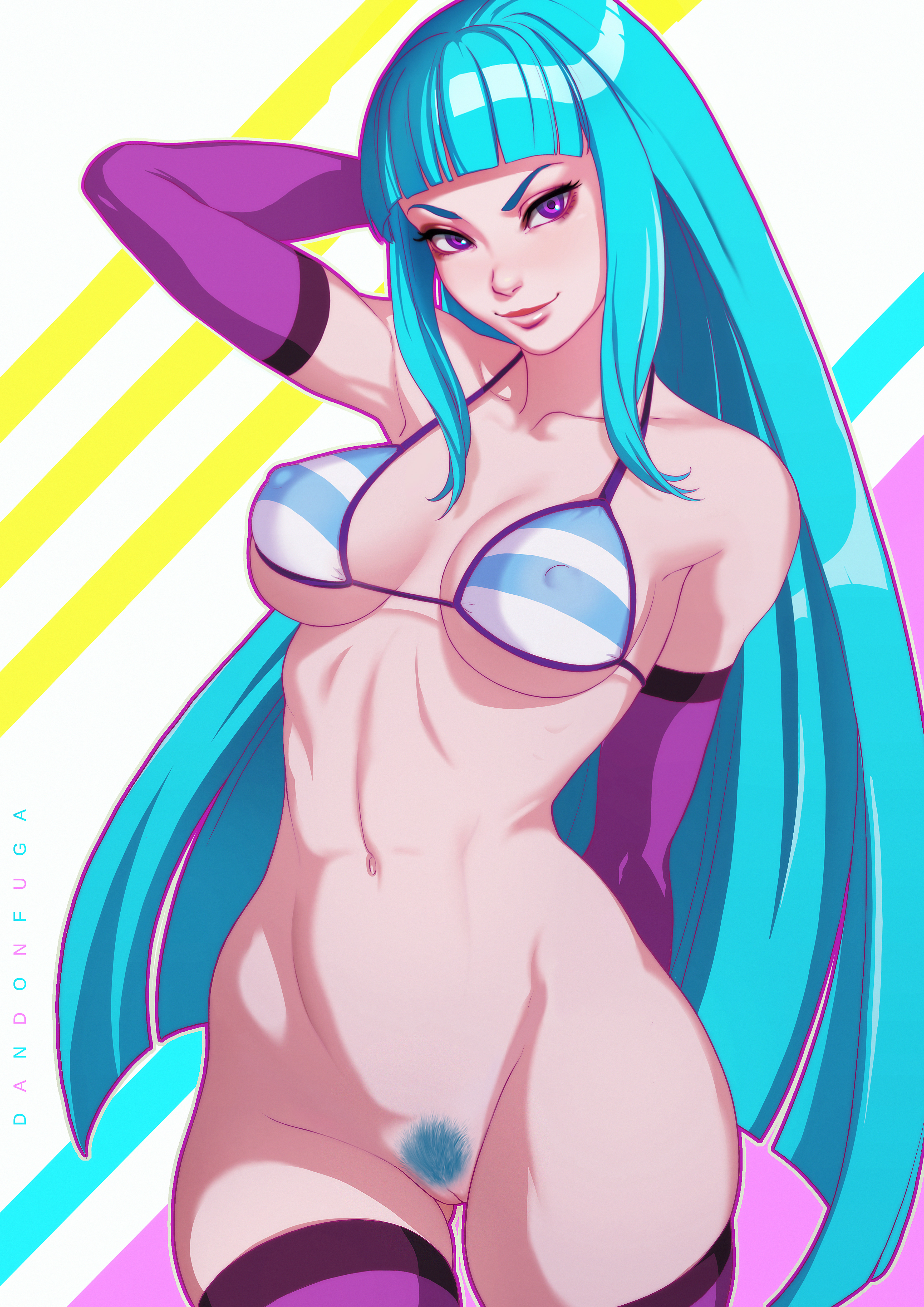 absurdres, artist name, bangs, bikini, bikini top, blue hair, blush, bottomless, breasts, cowboy shot, curvy, dandon fuga, detached sleeves, eyelashes, female, female only, female pubic hair, hand behind head, highres, human, large breasts, long hair, me!me!me!, meme (me!me!me!), navel, nipple bulge, perky breasts, pubic hair, purple eyes, pussy, sidelocks, skindentation, smile, solo, striped bikini, thighhighs, toned, very long hair