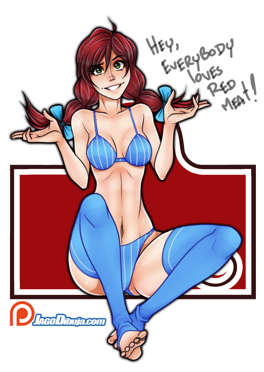 !, 1girls, artist name, barefoot, blue legwear, blue stockings, blue thighhighs, blush, bra, breasts, cleavage, covered breasts, english, english text, feet, female, female only, freckles, green eyes, human, jago dibuja, legwear, long hair, midriff, panties, patreon, red hair, soles, solo, stockings, tagme, text, thighhighs, tied hair, toeless legwear, toes, twintails, underwear, watermark, web address, wendy thomas, wendy's