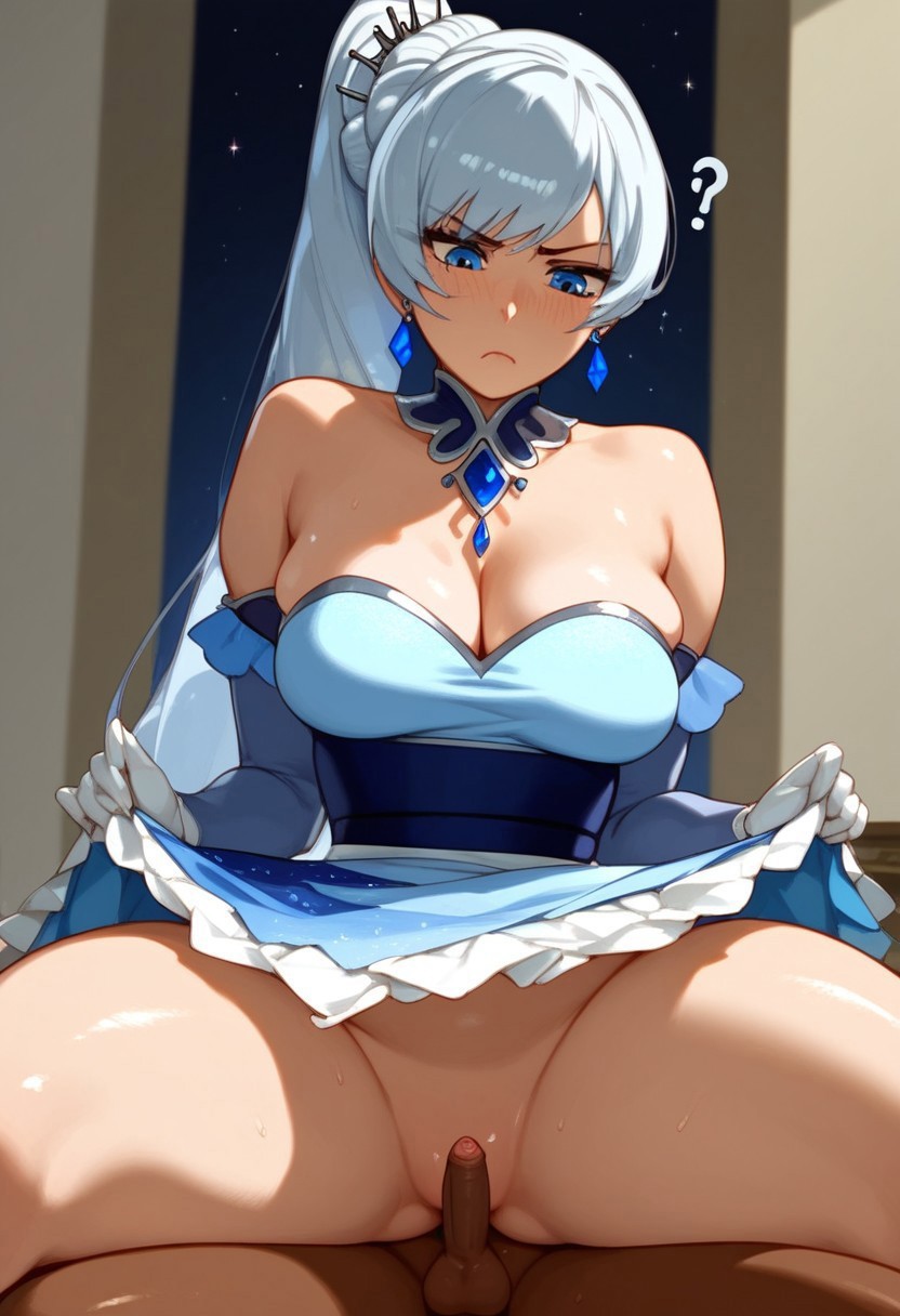 1boy 1boy1girl 1girls ai_generated bedroom blue_eyes bored dark-skinned_male dress earrings flynt_coal gloves huge_ass jerkuori long_hair looking_down medium_breasts on_lap pout question_mark reverse_cowgirl_position rwby small_balls small_penis thick_thighs tiny_penis unimpressed weiss_schnee white_hair wide_hips