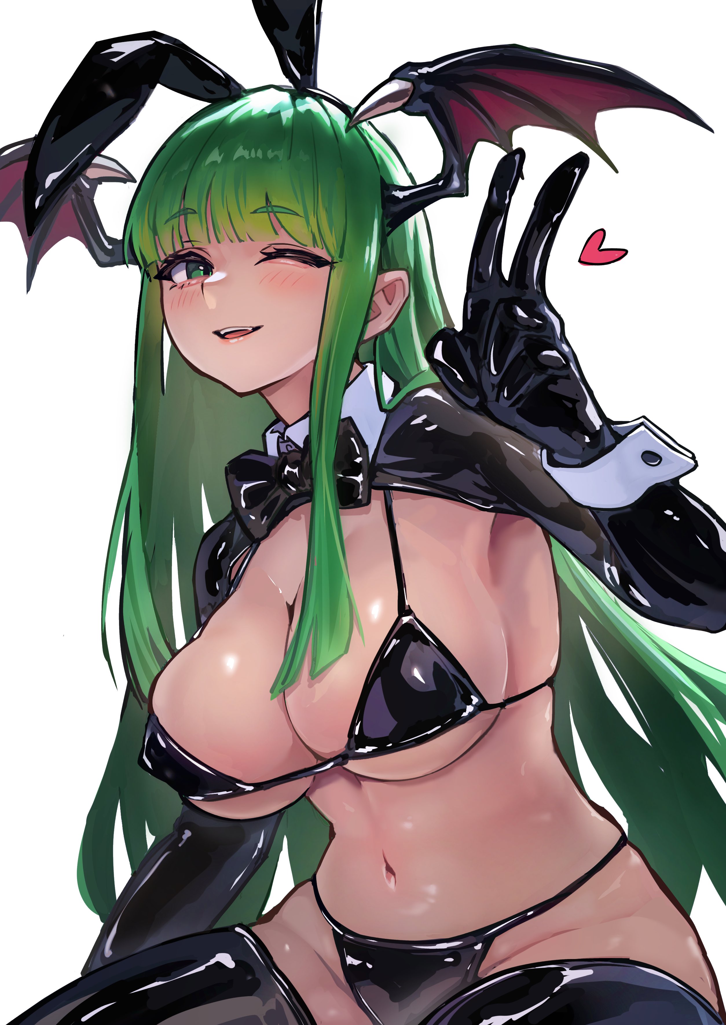 1girls, ap cammy, bat wings, big breasts, bikini, breasts, bunny ears, busty, capcom, curvy, darkstalkers, demon, female, green eyes, green hair, leather, leather bikini, light skin, light-skinned female, morrigan aensland, reverse bunnysuit, succubus, wink