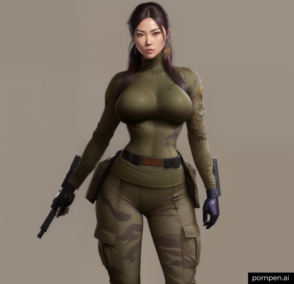 ai_generated asian asian_female gun huge_breasts military_uniform thick_thighs wide_hips