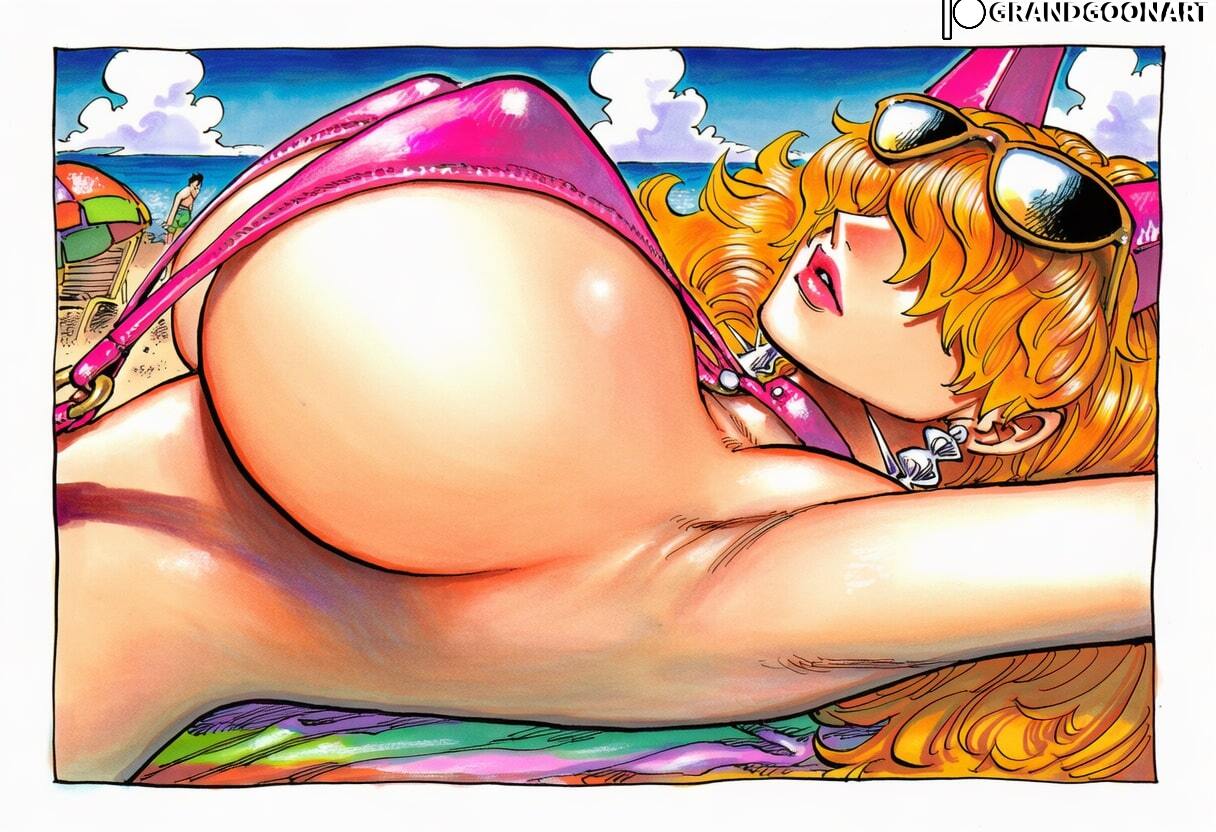 1girls, accurate art style, ai generated, beach, breasts bigger than head, female, female only, gigantic breasts, grandgoonart, hair over eyes, horn, horns, huge breasts, light skin, light-skinned female, long hair, manga style, massive breasts, one piece, orange hair, orange-haired female, sadi (one piece), sadi-chan, sling bikini, slingshot swimsuit, solo female, squatting, sunglasses, sunglasses on head, sweat, sweatdrop, thick body, thick female, voluptuous, voluptuous female