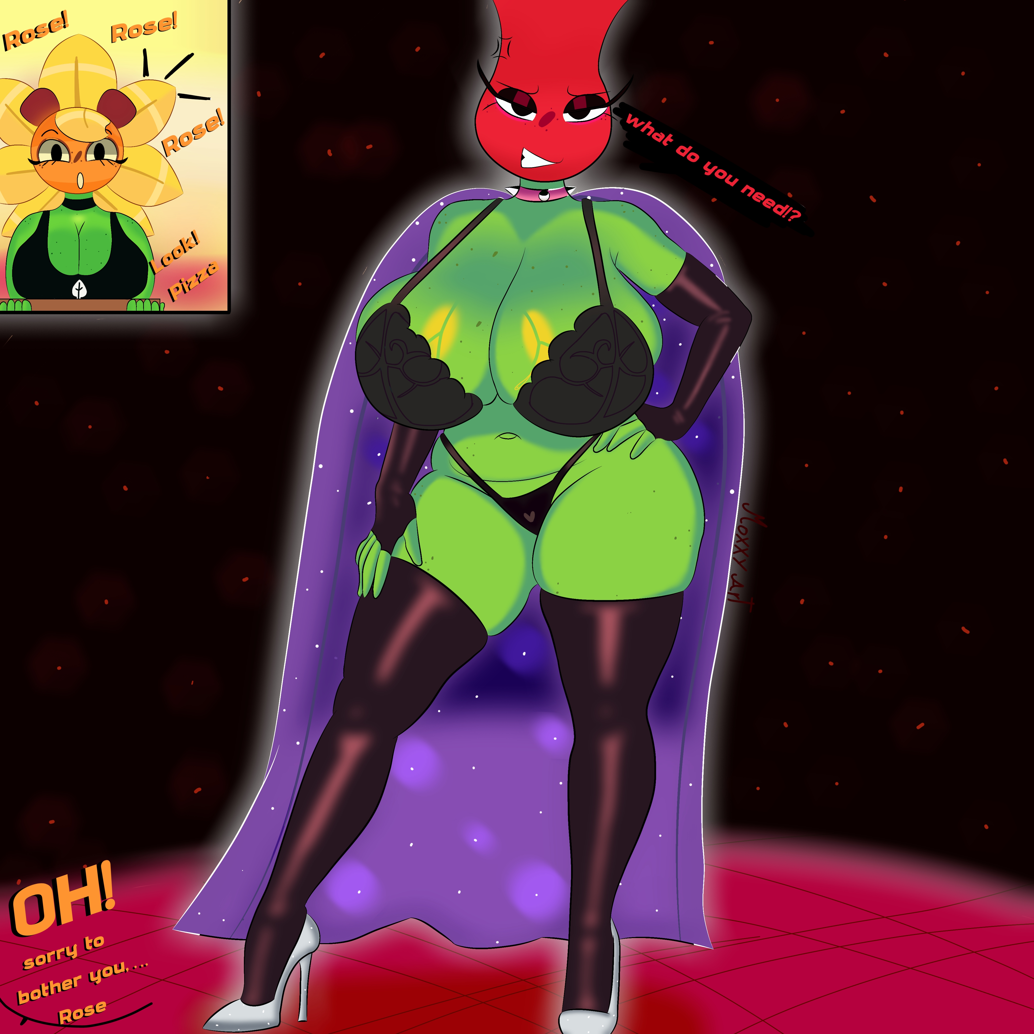 1girls, 2girls, anthro, female, flora fauna, freckles, moxxy art, plant, plant girl, plant humanoid, plantie, plants vs zombies, plants vs. zombies, popcap games, pussy, rose (pvz), solar flare (pvz), text