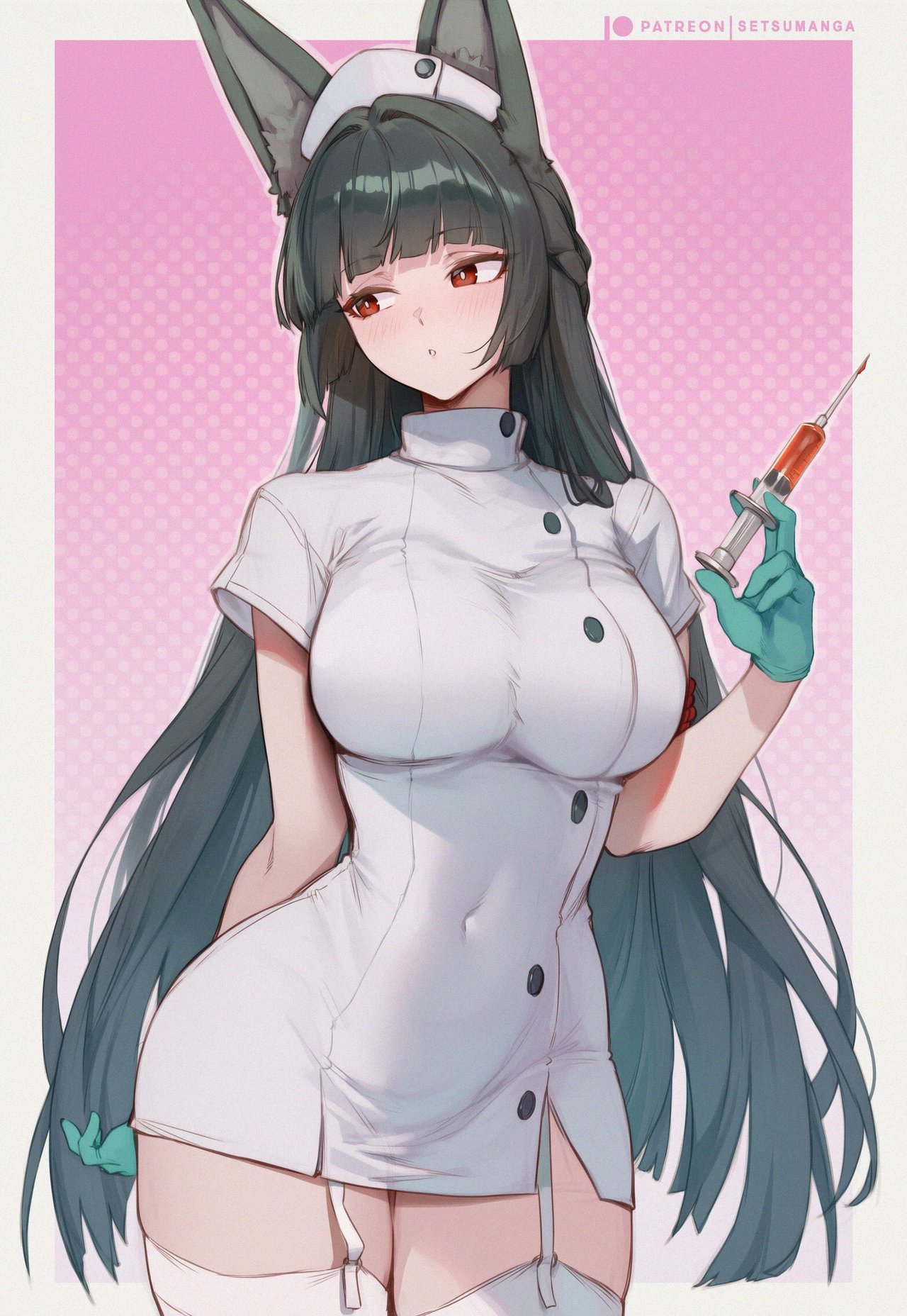 1girls, ai generated, animal ears, bangs, black hair, blush, breasts, dress, female, garter straps, gloves, hat, holding, hoshimi miyabi, large breasts, long hair, looking at viewer, mask, nurse, nurse cap, red eyes, setsuaiart, short dress, solo, syringe, thighhighs, very long hair, white dress, white legwear, zenless zone zero