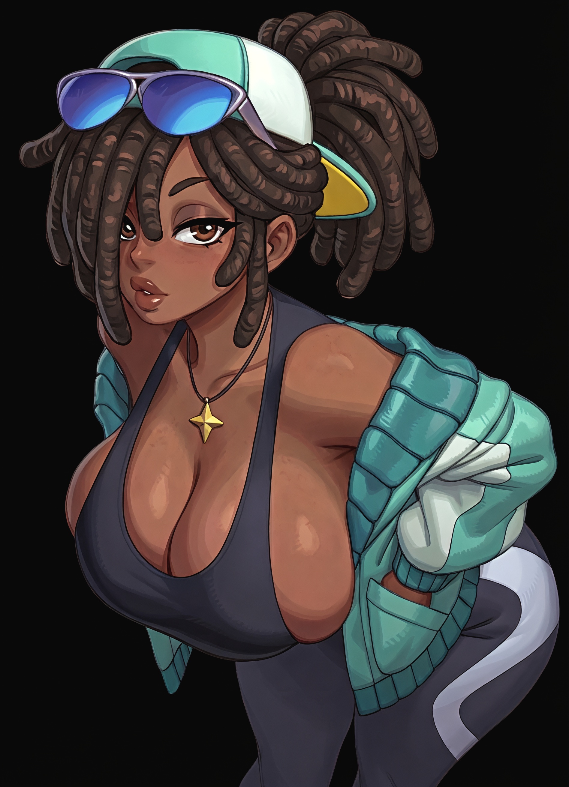 1girls, african female, ai generated, big breasts, black woman, brown eyes, brown hair, cleavage, dark skin, dark-skinned female, dreadlocks, female, female only, huge breasts, looking at viewer, necklace, original, original character, ponytail, sideboob, solo, solo female, sunglasses, sunglasses on head, tank top, thick, thick lips
