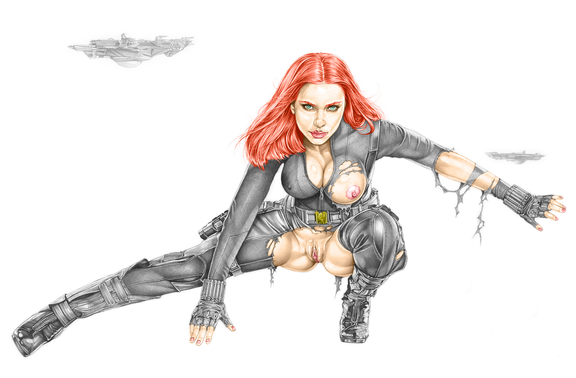 1girls, armando huerta, belt, black widow (marvel), blue eyes, bodysuit, boots, breasts, celebrity, cleavage, colored, female, female only, fingerless gloves, gloves, human, human only, large breasts, light skin, light-skinned female, long hair, marvel, marvel cinematic universe, marvel comics, nail polish, natasha romanoff, nipple bulge, nipples, pussy, red hair, scarlett johansson, shoes, solo, spread legs, thigh boots, torn clothes