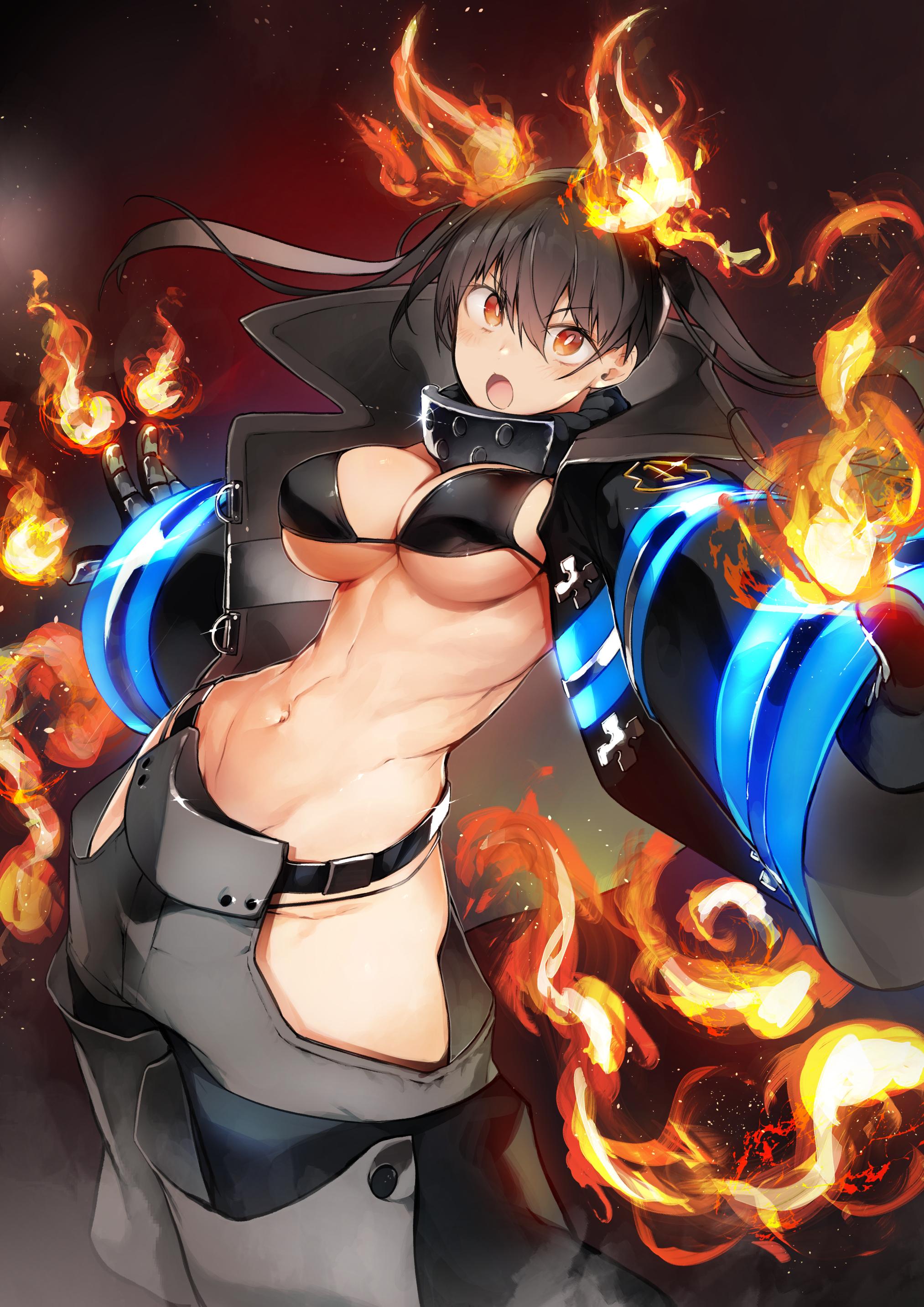 :o, 1girls, 2d, 2d (artwork), 2d artwork, abs, bare belly, bare chest, bare hips, bare midriff, bare navel, bare skin, belly, belly button, bewitching thighs, big breasts, bikini, bikini bottom, bikini top, black background, black bikini, black bikini bottom, black bikini top, black coat, black gloves, black hair, black jacket, black swimsuit, black swimwear, black-haired female, breasts, busty, busty female, busty girl, busty teen, child bearing hips, coat, curvaceous, curvaceous body, curvaceous female, curvaceous figure, curvaceous hips, curvaceous teen, curvy, curvy body, curvy female, curvy figure, curvy hips, curvy teen, digital, digital art, digital drawing, digital drawing (artwork), digital media, digital media (artwork), enen no shouboutai, exposed belly, exposed chest, exposed hips, exposed midriff, exposed navel, exposed skin, extended arm, extended arms, eyebrows visible through hair, female, female focus, female only, fertile hips, fire, fire ears, fire force, fire tail, firefighter, firefighter coat, firefighter helmet, firefighter jacket, firefighter uniform, flames, gloves, hair between eyes, halterneck, head tilt, high resolution, highres, hip dips, hourglass figure, inframammary fold, inguinal crease, inguinal ligament, jacket, kotatsu tamaki, large boobs, large breasts, lean figure, linea alba, long hair, looking at viewer, midriff, muscular, muscular female, narrow waist, navel, neck guard, nipple bulge, nishiide kengorou, open coat, open jacket, open mouth, orange eyes, orange-eyed female, parted lips, plump breasts, posing, pyrokinesis, sidelocks, simple background, slender body, slender waist, slim waist, solo, standing, stomach, string bikini, swimsuit, swimwear, teen girl, teenage girl, teenage tits, teenager, thick thighs, thighs, tilted head, tongue, twintails, twintails (hairstyle), underboob, upper body, white pupils, wide hips, young female, young woman