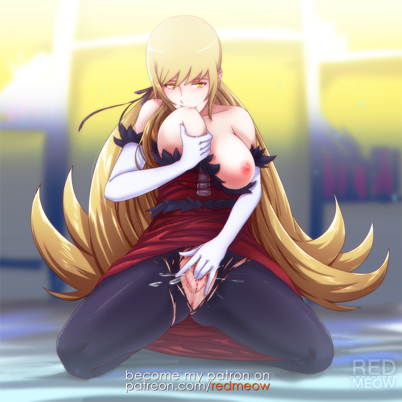 areolae artist_name bakemonogatari big_breasts blonde_hair blush breasts clothing elbow_gloves female fingering kiss-shot_acerola-orion_heart-under-blade kneeling large_breasts long_hair masturbation monogatari_(series) nipples oshino_shinobu pantyhose pussy pussy_juice self_breast_sucking solo tears torn_pantyhose web_address yellow_eyes