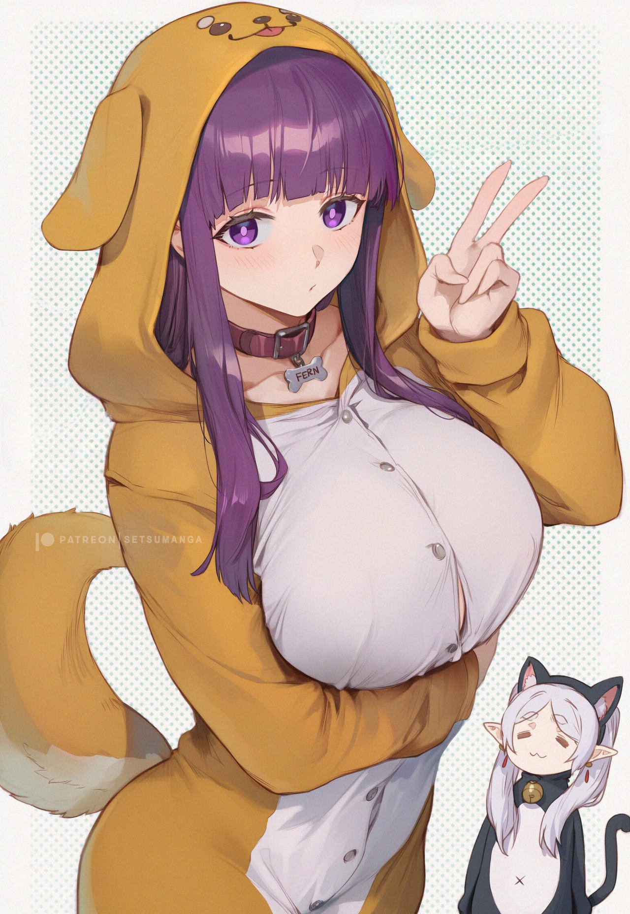 2girls, ai generated, animal costume, animal ears, animal hood, bangs, big breasts, blunt bangs, blush, breasts, collar, dog tail, eyebrows visible through hair, female, female only, fern (sousou no frieren), frieren, halftone, halftone background, hood, large breasts, long hair, long sleeves, looking at viewer, multiple girls, polka dot, purple eyes, purple hair, setsuaiart, sousou no frieren, tail, v