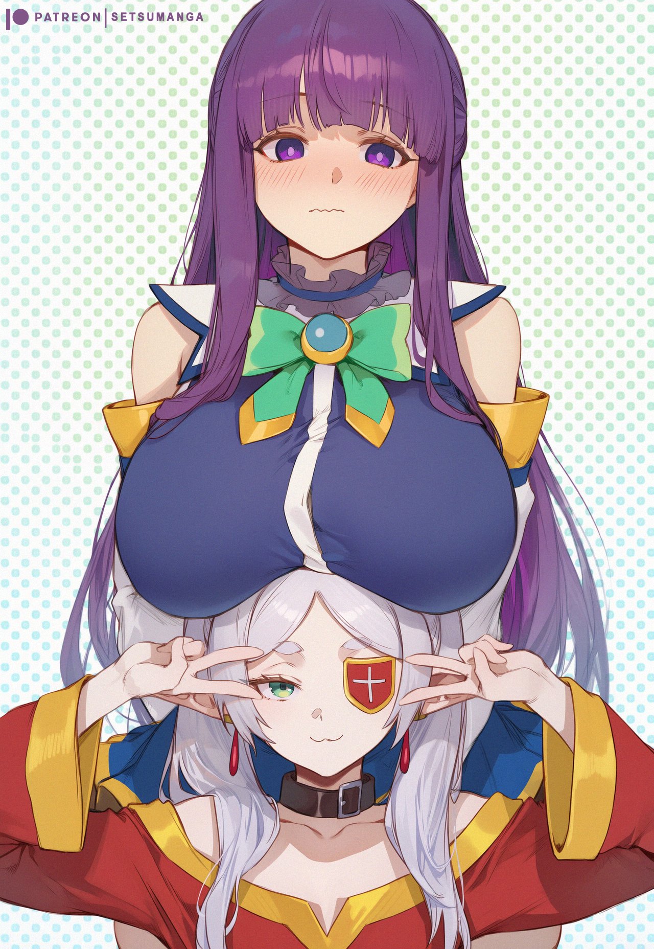 2girls, ai generated, aqua (konosuba) (cosplay), bangs, bare shoulders, big breasts, blush, breasts, closed mouth, double v, earrings, fern (sousou no frieren), frieren, green eyes, halftone, halftone background, huge breasts, jewelry, kono subarashii sekai ni shukufuku wo!, long hair, long sleeves, looking at viewer, megumin (cosplay), multiple girls, polka dot, polka dot background, purple eyes, purple hair, setsuaiart, sousou no frieren, v