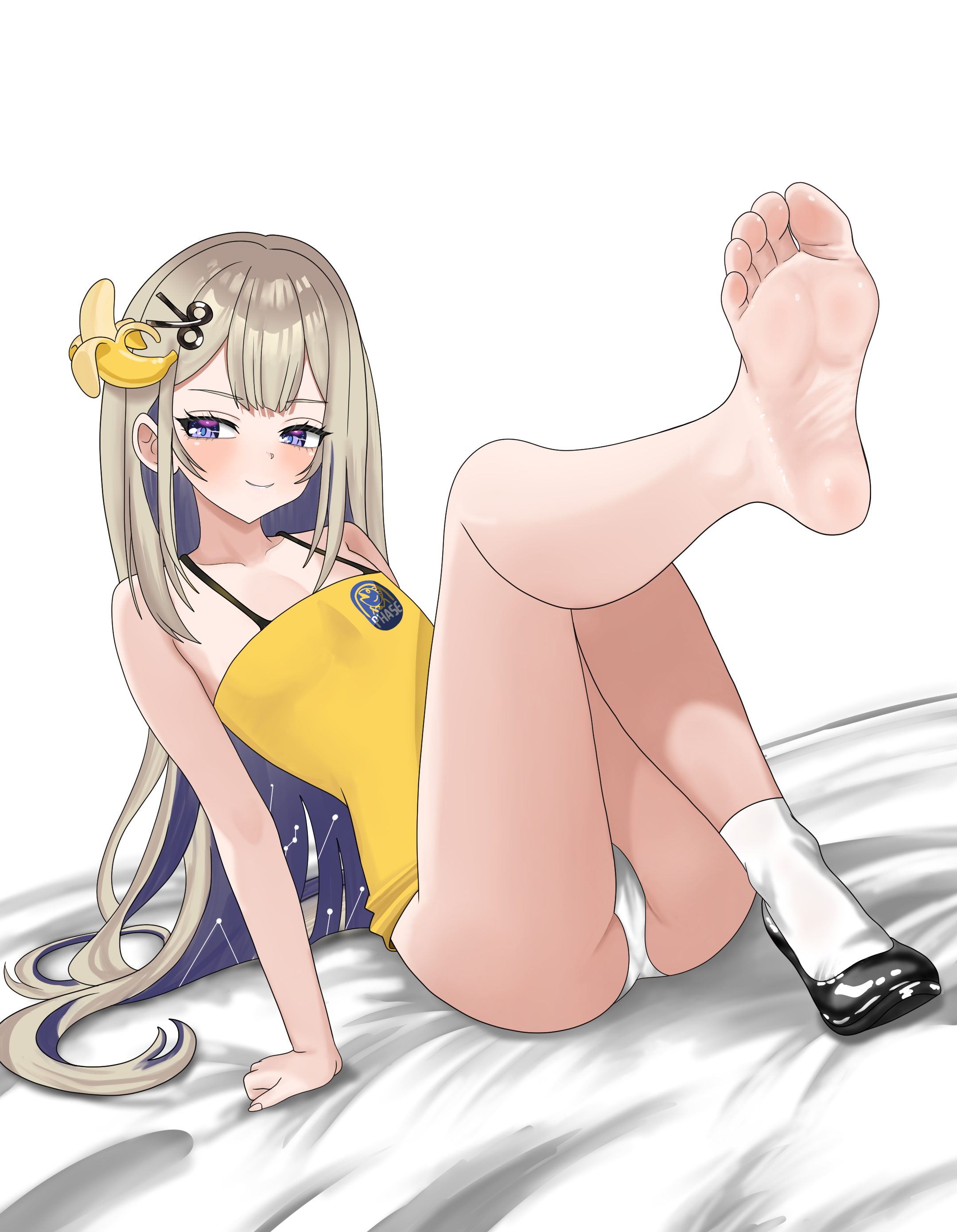 absurdres, amanogawa shiina, amanogawa shiina (shiinana), arm support, banana, barefoot, bed sheet, black shoes, blonde hair, blush, breasts, cameltoe, closed mouth, collarbone, colored inner hair, commentary, english commentary, eyelashes, feet, feet focus, feet up, female, flat chest, food, foot fetish, foot focus, foreshortening, fruit, full body, hair ornament, highres, ivan ramirez, knees together feet apart, leg up, legs, long hair, looking to the side, multicolored hair, no pants, no shoes, panties, phase alias, phase connect, presenting foot, purple eyes, purple hair, scissors hair ornament, shirt, shoes, sidelocks, simple background, single shoe, single sock, sitting, sleeveless, sleeveless shirt, small breasts, smile, socks, soles, solo, teasing, toes, underwear, very long hair, virtual youtuber, white background, white panties, white socks