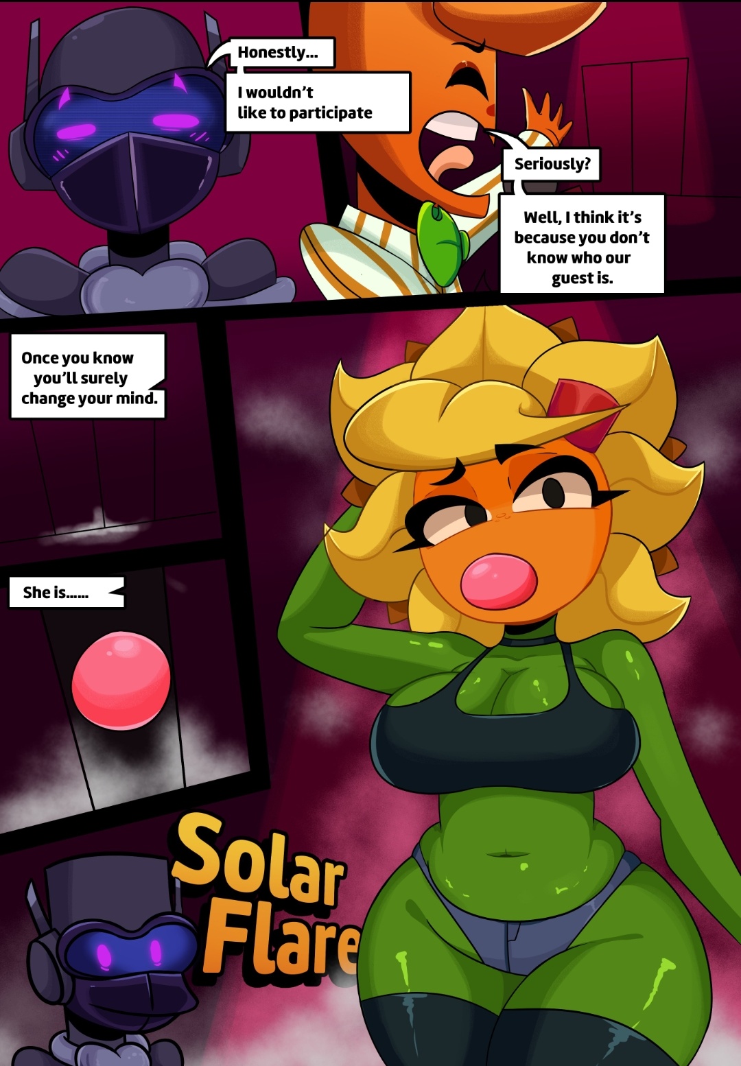 1boy, 1boys, 1girls, 1robot, 2d, 2d (artwork), blush, bra, bubble gum, comic, excited, eyelashes, female, game show, green body, happy, hot date (pvz), no humans, panties, plant, plant girl, plantie, plants vs zombies, plants vs zombies 2: it's about time, plants vs zombies: heroes, popcap, popcap games, rbismut, robot, robot humanoid, solar flare (pvz), sunflower (pvz), text, thighhighs