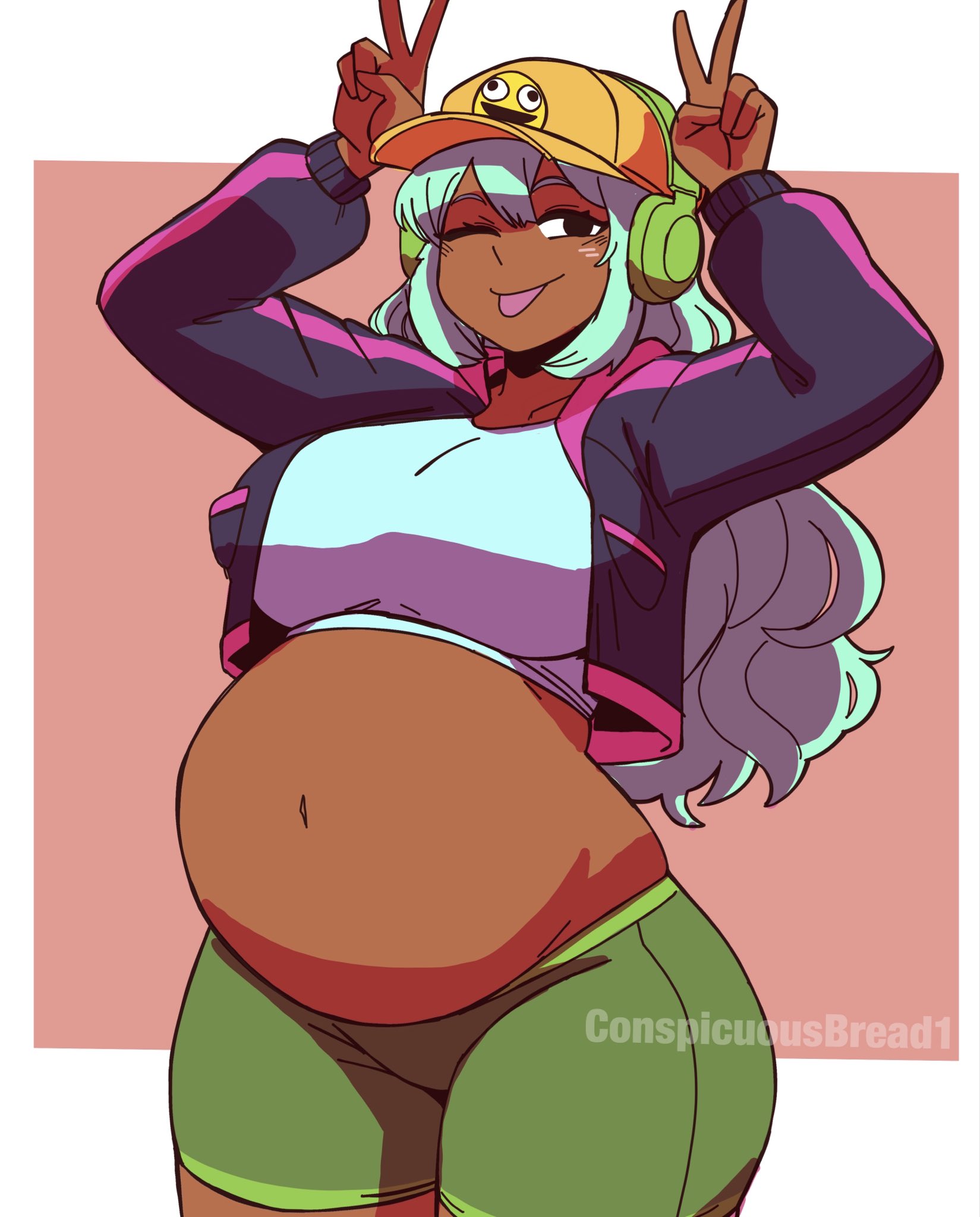 arms raised, belly, belly button, big breasts, big stomach, big thighs, breasts, brown body, conspicuousbread, dark skin, dark-skinned female, dolly dimpley, fat belly, fat stomach, female, huge breasts, huge stomach, huge thighs, large breasts, large stomach, large thighs, lifted shirt, looking at viewer, navel, peace sign, peace symbol, pregnant, pregnant female, shorts, showing belly, smiling, smiling at viewer, smiling friends, standing, stomach, stomach bulge, tagme, thighs, tongue, tongue out, winking, winking at viewer
