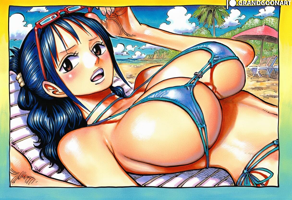 1girls, accurate art style, ai generated, beach, bikini, black hair, black-haired female, blue hair, blue-haired female, blush, brown eyes, embarrassed, female, female only, gigantic breasts, glasses on head, grandgoonart, huge breasts, light skin, light-skinned female, linea alba, looking at viewer, manga style, massive breasts, medium hair, one piece, open mouth, solo female, squatting, sweat, sweatdrop, tashigi, thick body, thick female, voluptuous, voluptuous female