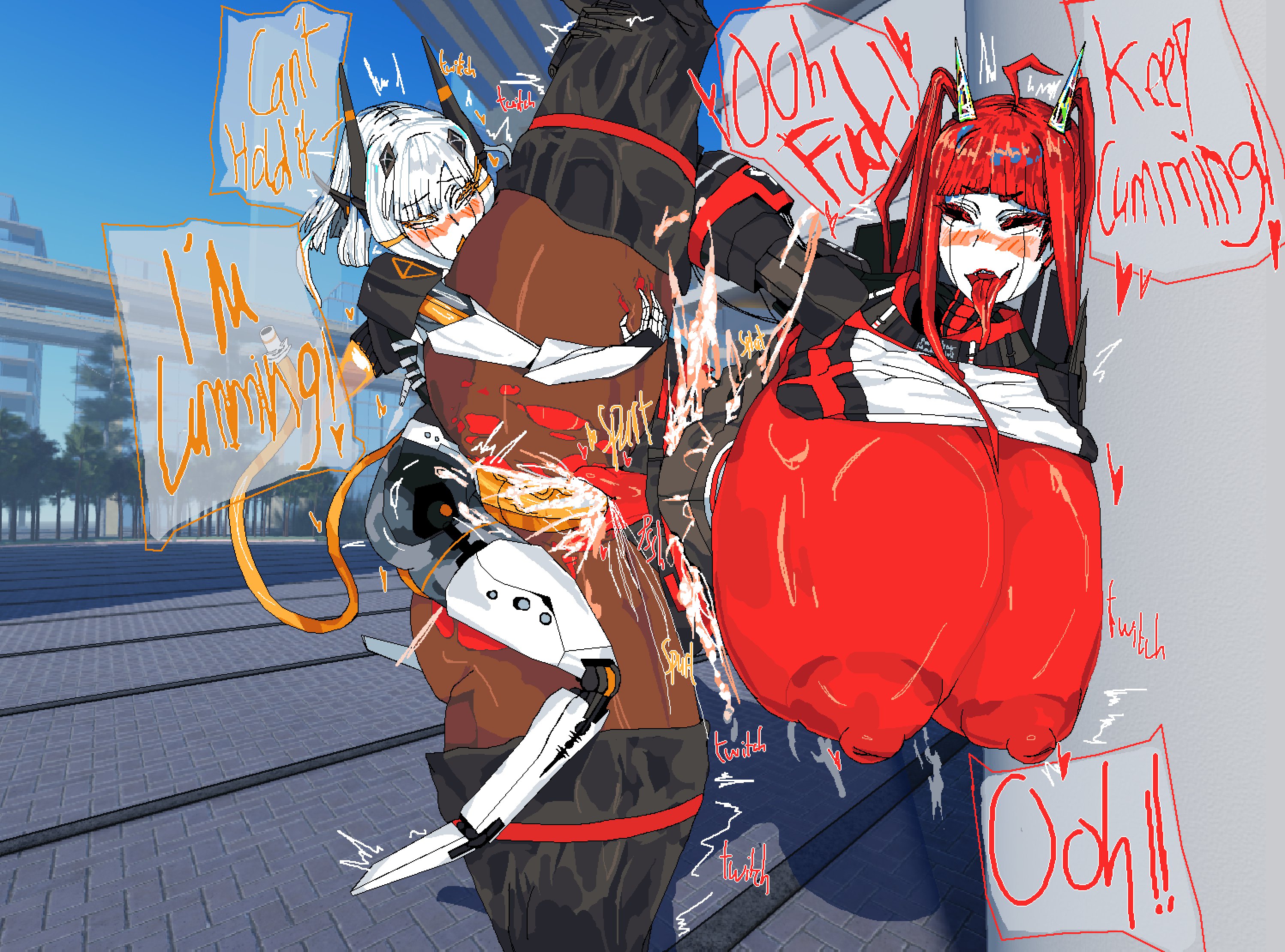 1futa, 1futanari, 1girl1futa, 1girls, calamity mod, cum, cum in pussy, cum inside, futa on female, futanari, humanoidized, kogagagachan-san (onnagaki), mixed media, red hair, robot, robot girl, small dom big sub, terraria, text, text bubble, white hair, xf-09 ares, xs-01 artemis