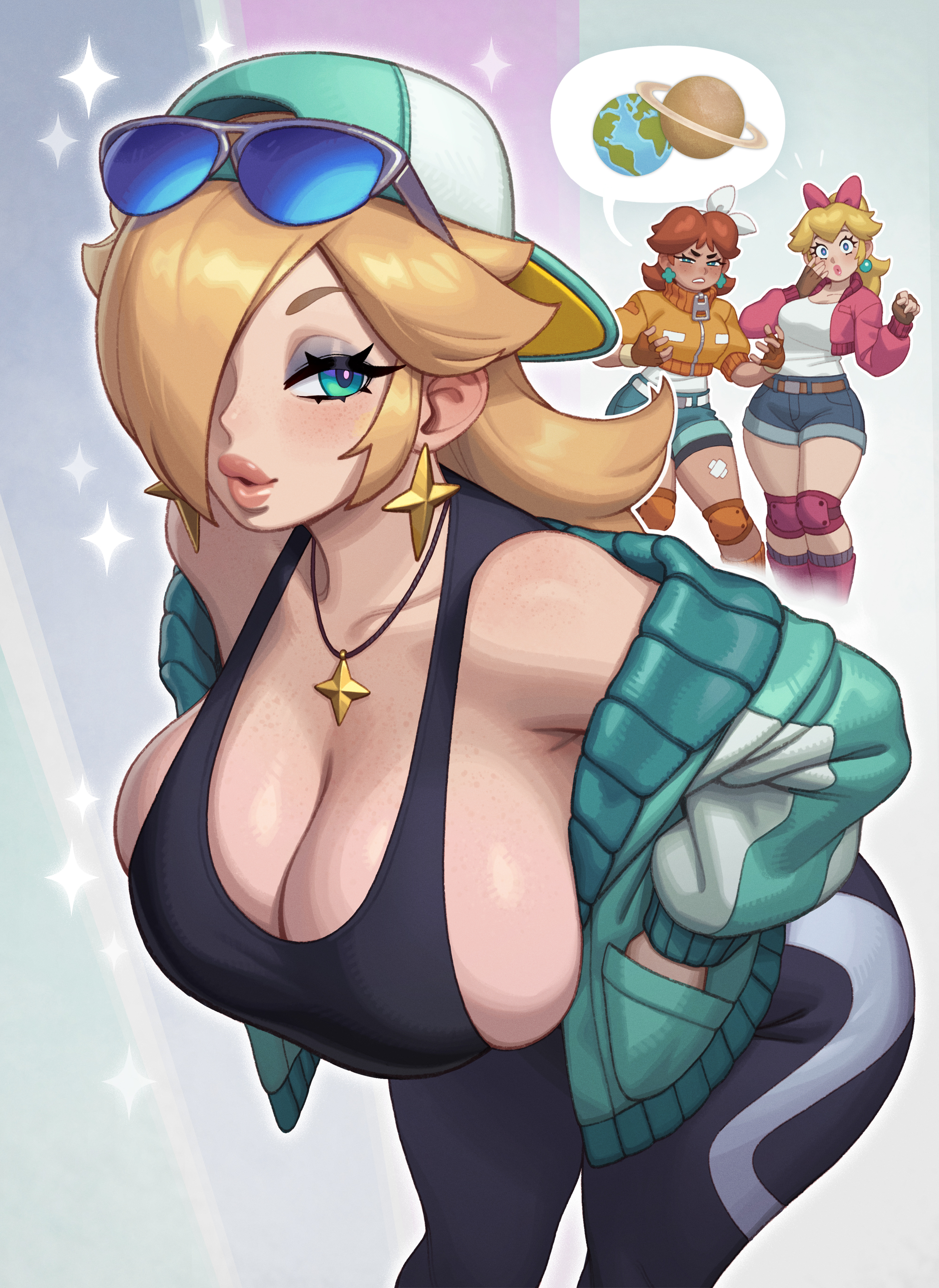 2d, 3girls, backwards baseball cap, big breasts, big thighs, blonde hair, blue eyes, breast envy, breast size difference, breasts, brown hair, busty, cap, cleavage, cleavage overflow, clothed, clothed female, curvaceous, curvaceous female, curvy, curvy female, dark skin, dark-skinned female, female, female only, hair over one eye, hat, huge breasts, light skin, light-skinned female, mario (series), mario kart, mario kart world, nintendo, princess daisy, princess peach, princess rosalina, princess rosalina (touring), rizdraws, skin tone difference, sunglasses, sunglasses on head, tagme, thick thighs, thighs, voluptuous, voluptuous female