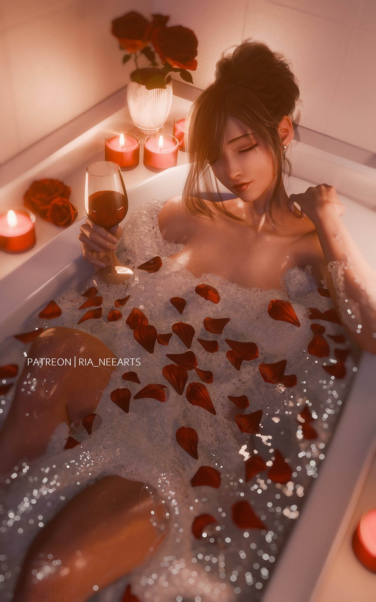 1girls, 3d, 3d (artwork), 3d model, 3d render, bathroom, bathtub, black hair, bubble bath, bubbles, bun hair, candles, closed eyes, convenient censoring, earrings, final fantasy, final fantasy vii, final fantasy vii rebirth, final fantasy vii remake, fit, hair tied, hairbun, highres, holding glass, holding object, holding wine glass, long hair, naked, naked female, patreon username, quality, red eyes, relaxing, ria-neearts, romantic, romantic ambiance, rose petals, roses, tifa lockhart, vase, wine, wine glass