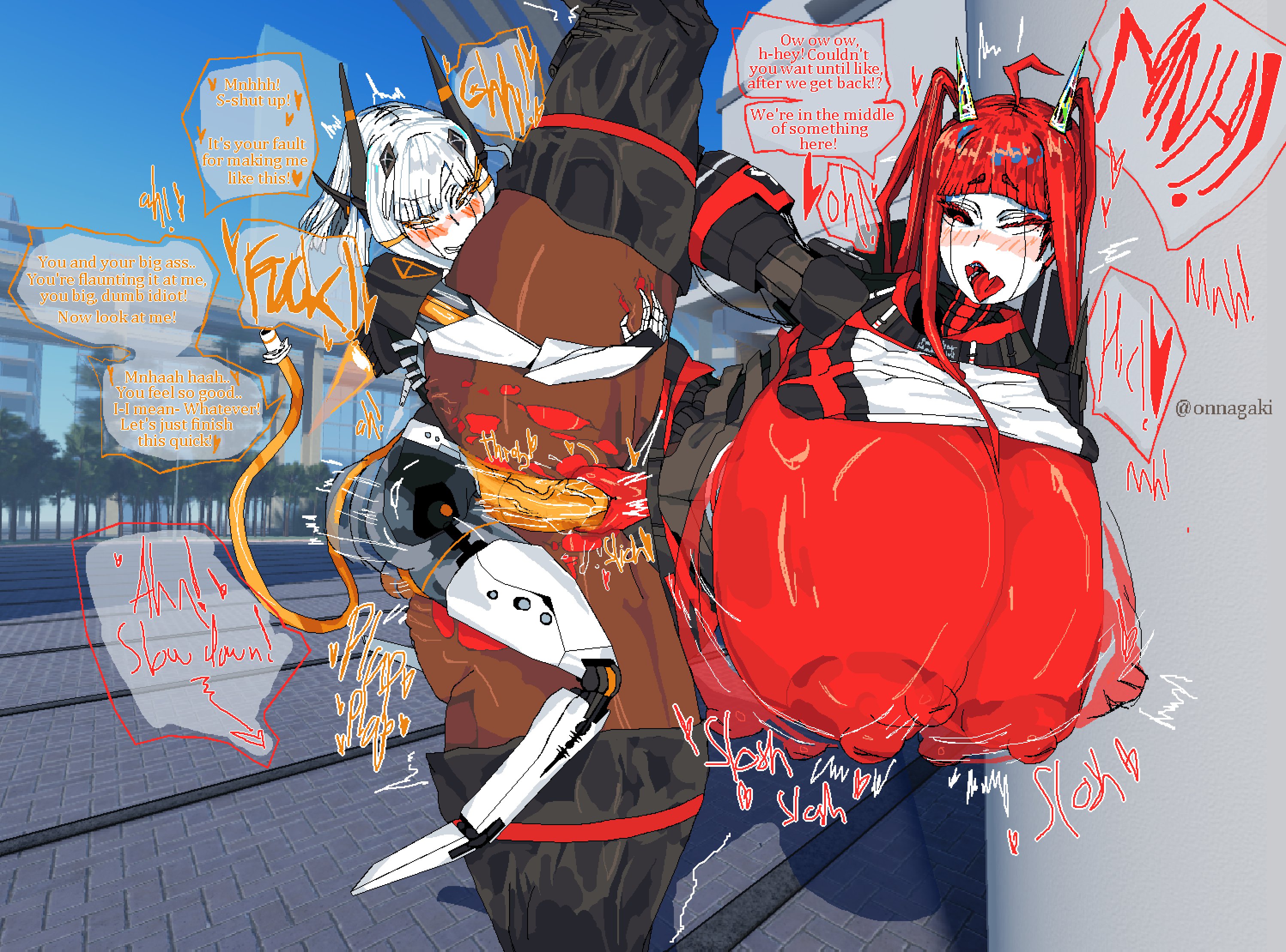 1futa, 1futanari, 1girl1futa, 1girls, calamity mod, female, futa on female, futanari, humanoidized, kogagagachan-san (onnagaki), mixed media, red hair, robot, robot girl, small dom big sub, terraria, text, text bubble, white hair, xf-09 ares, xs-01 artemis