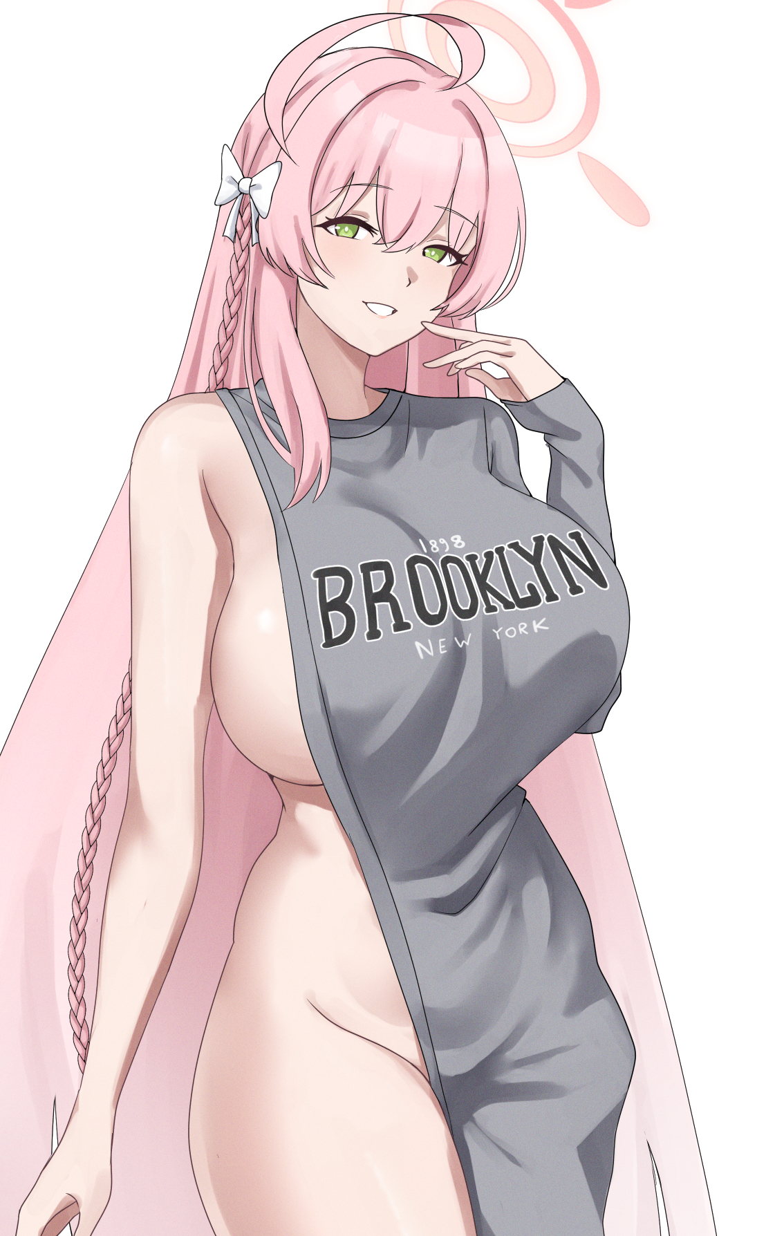 1girls, ahoge, bare shoulders, blue archive, bow, braid, breasts, brooklyn sweater, cowboy shot, cyka, green eyes, grey sweater, grin, groin, hair between eyes, hairbow, halo, hanako (blue archive), huge ahoge, large breasts, long hair, looking at viewer, pink hair, pink halo, sideboob, single braid, smile, solo, sweater, thighs, very long hair