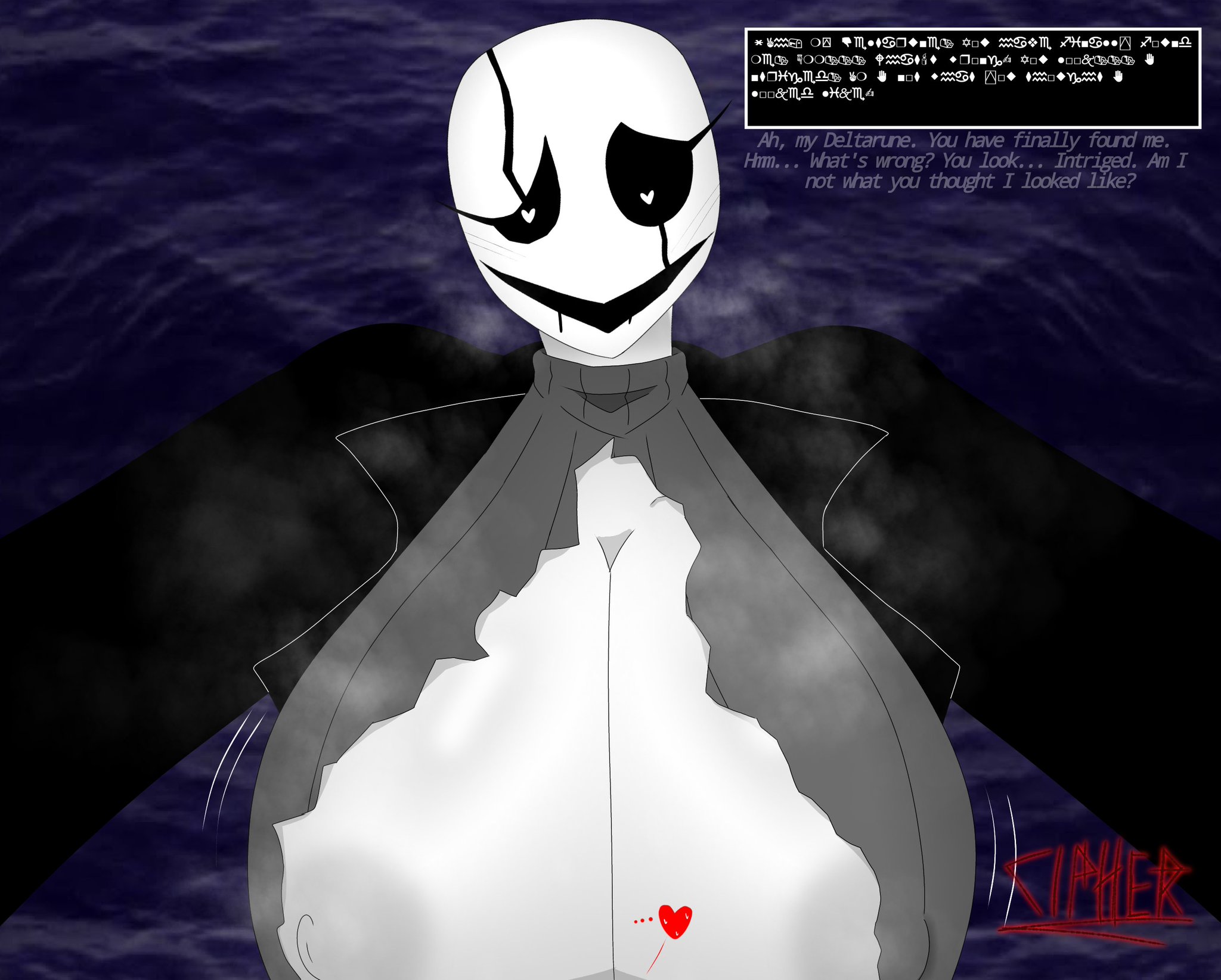 2d, 2d (artwork), big breasts, breasts, breasts bigger than head, cipherpablo, deltarune, drooling, fem gaster, female, female only, gaster, gray sweater, heart-shaped pupils, pov, soul (deltarune), soul (undertale), steam, steamy breasts, steamy breath, sweater, tagme, text, text box, torn clothing, turtleneck, turtleneck sweater, undertale, undertale (series), wingdings, wingdings text